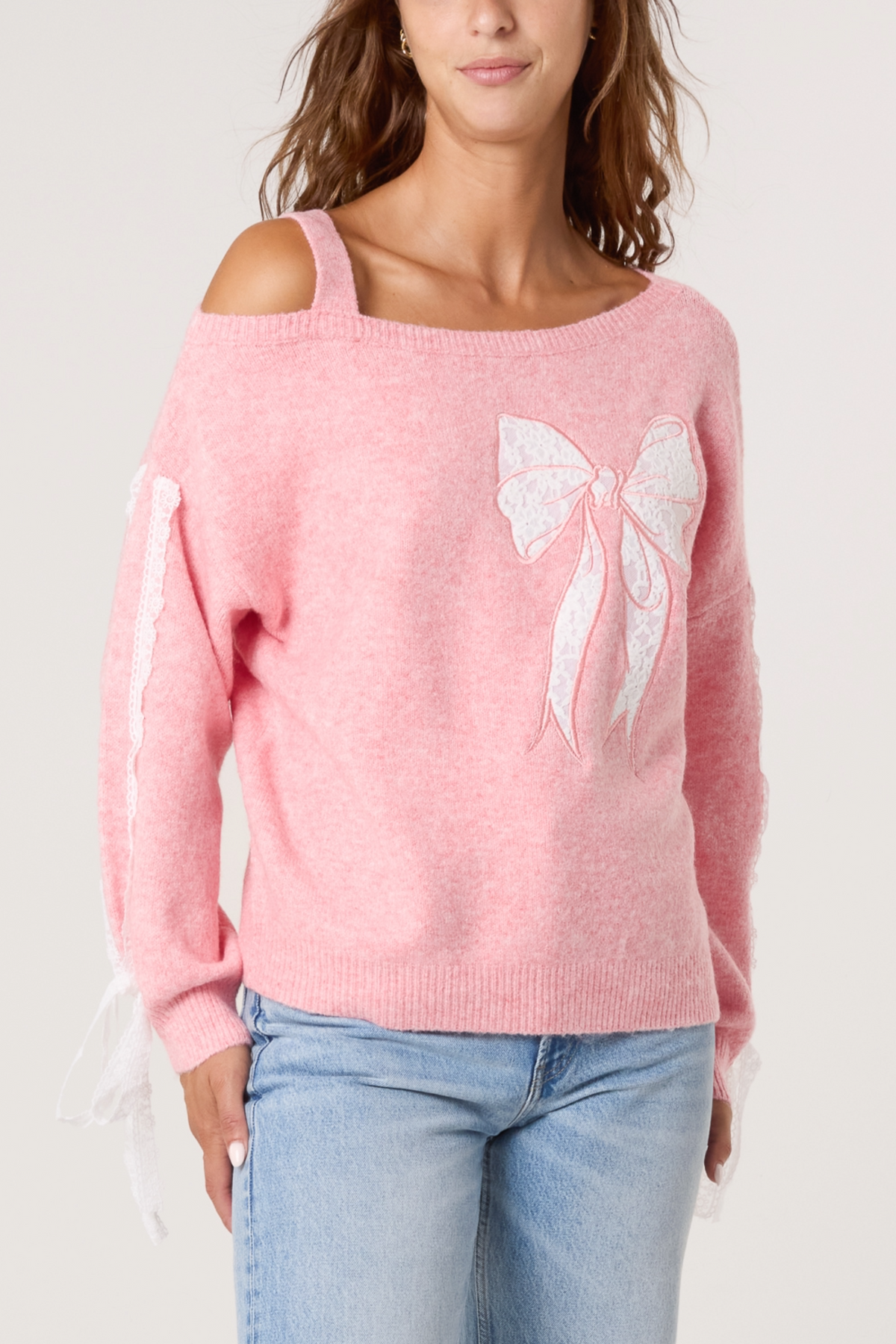 Embroidered & Lace Bow One Shoulder Jumper
