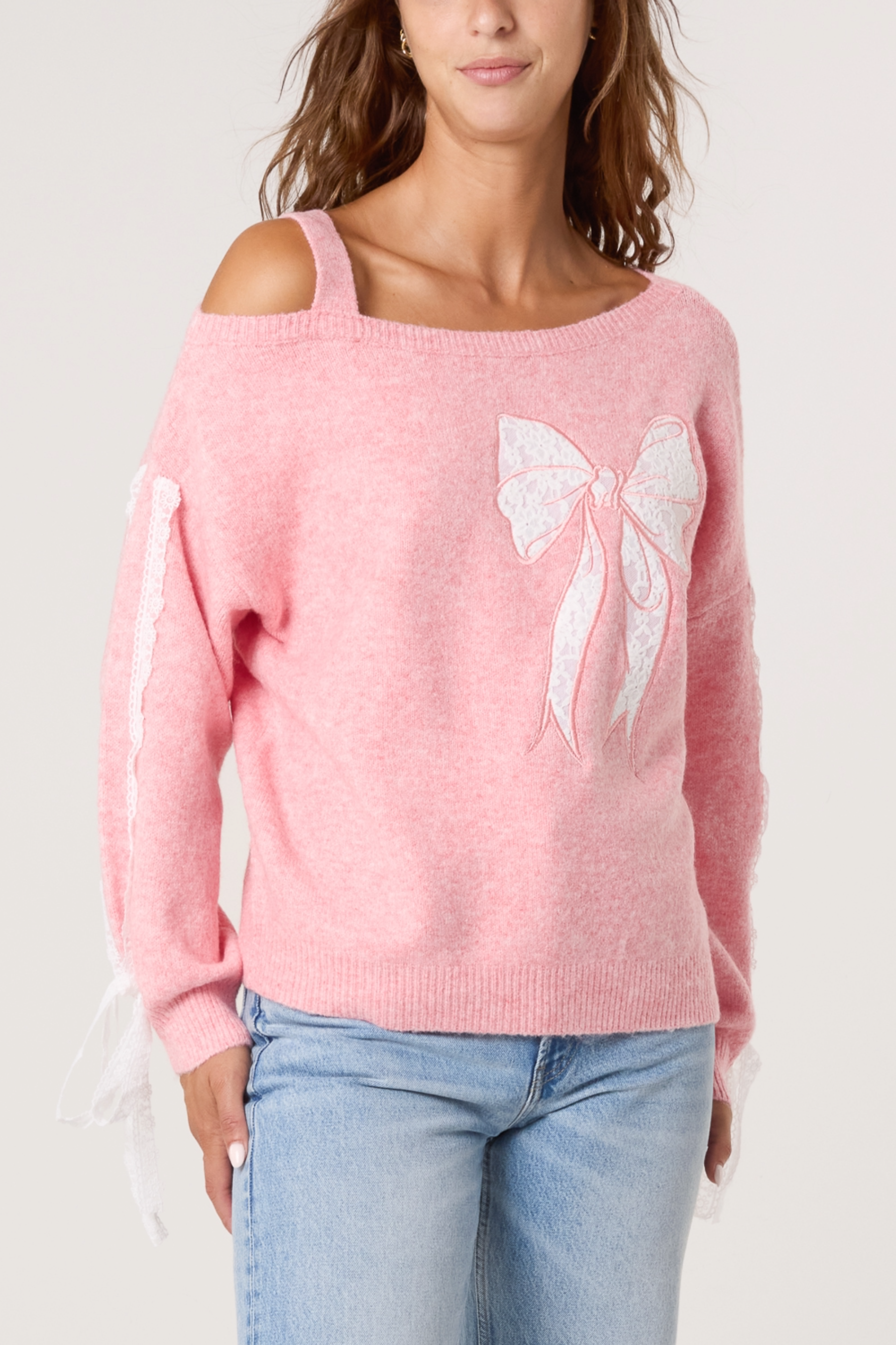 Embroidered & Lace Bow One Shoulder Jumper