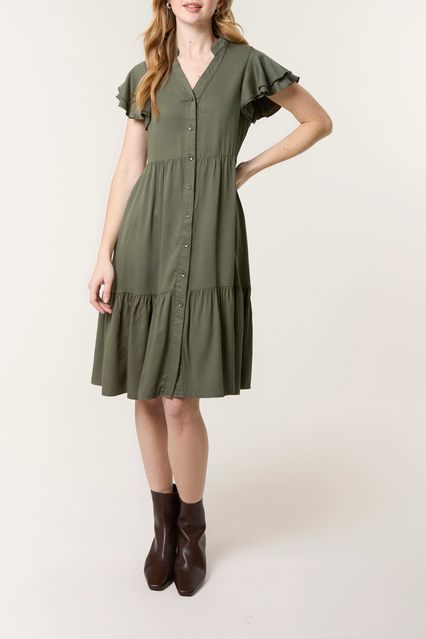 Tiered Angel Sleeve Button Dress
