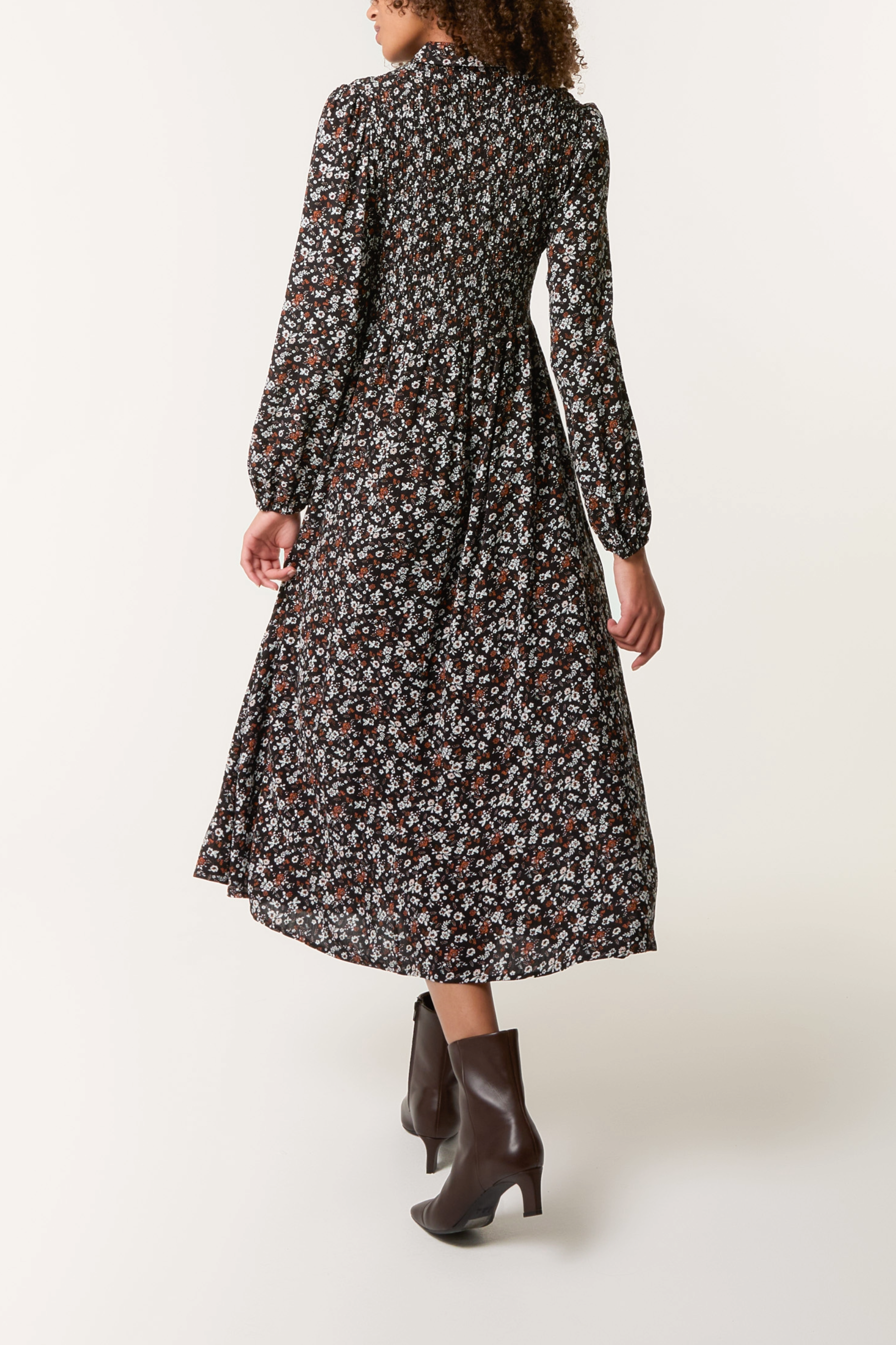 Ditsy Autumn Floral Shirred Stretch Button Dress
