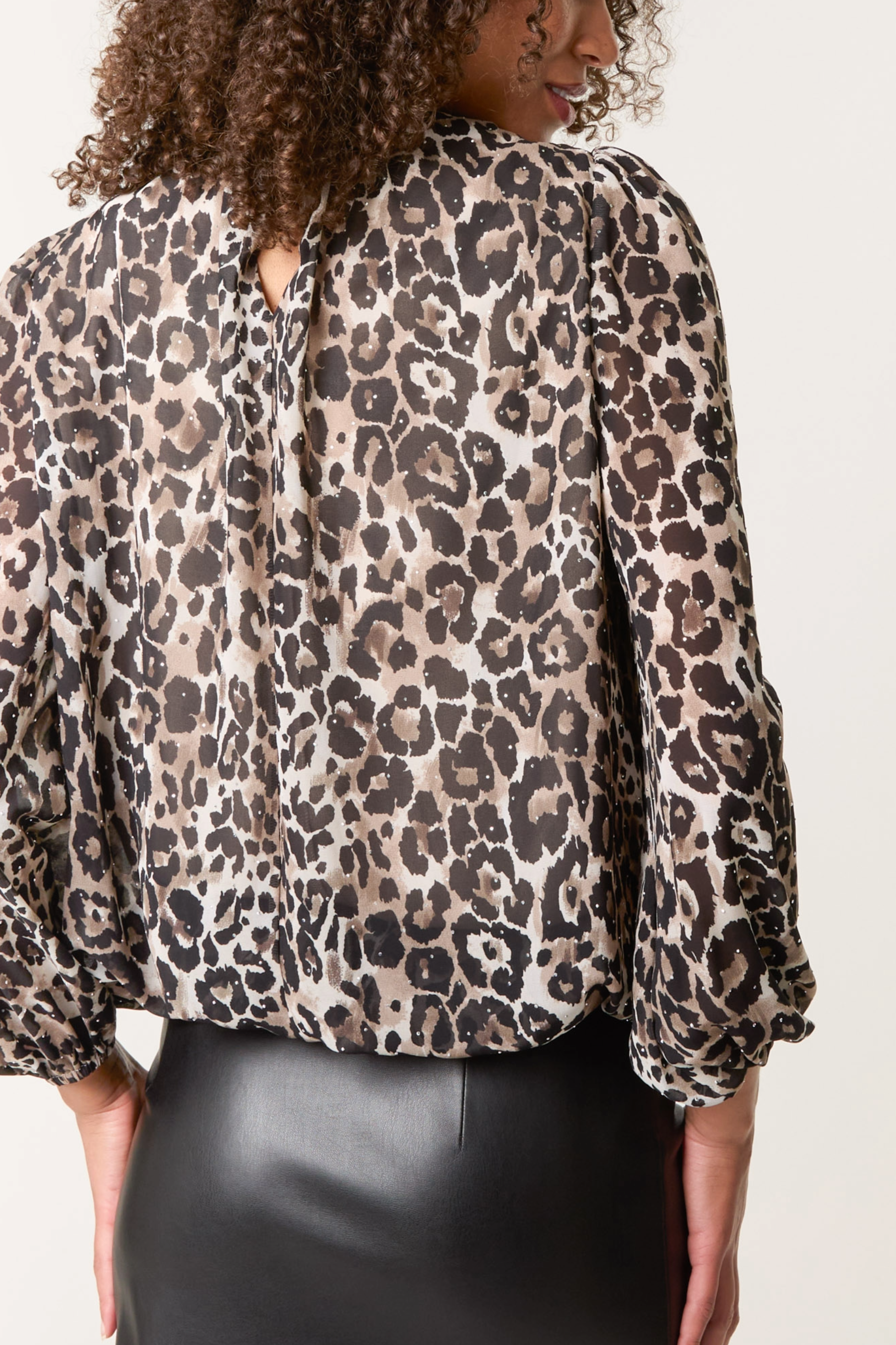 High Tie Neck Diamante Animal Blouse