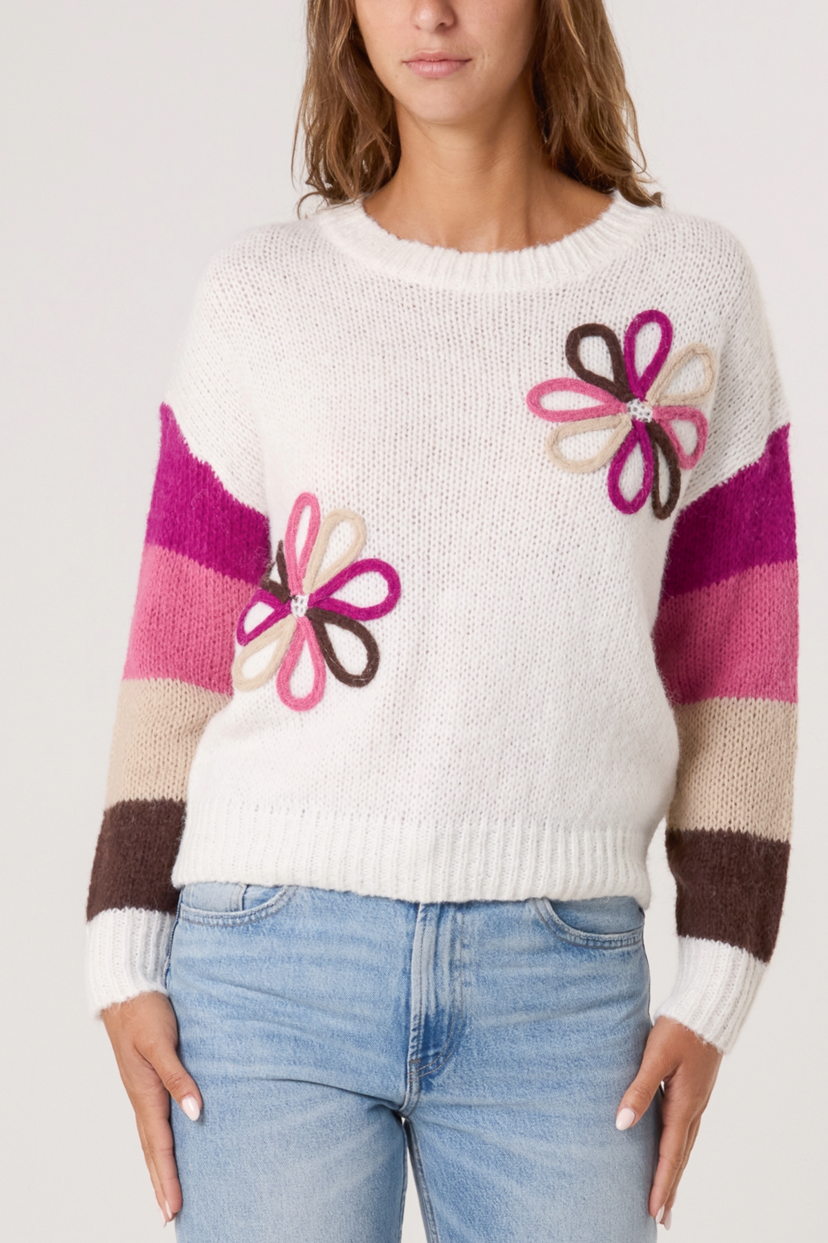 Colourful Floral Embroidery Striped Jumper