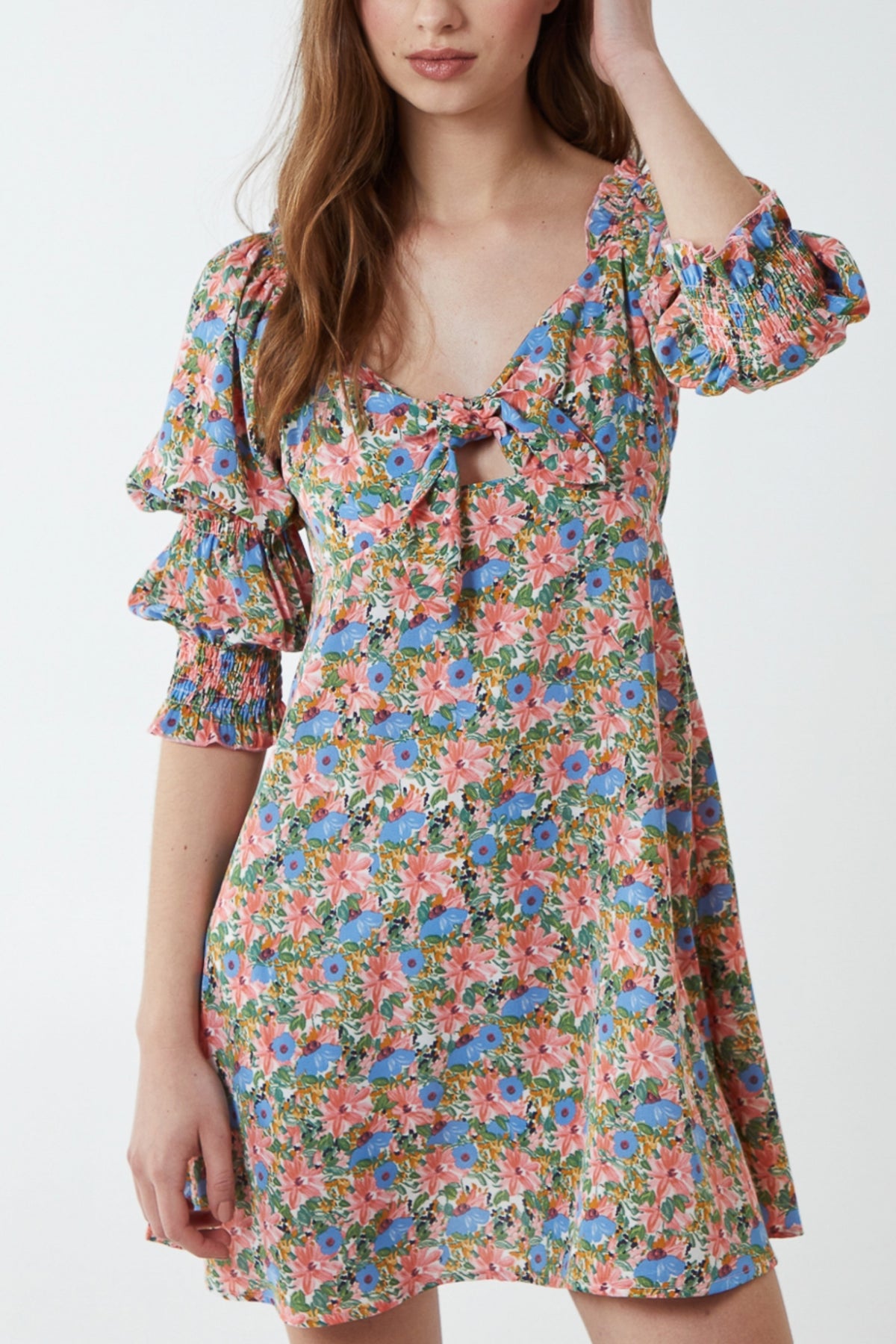 Tie Front Puff Sleeve Dress