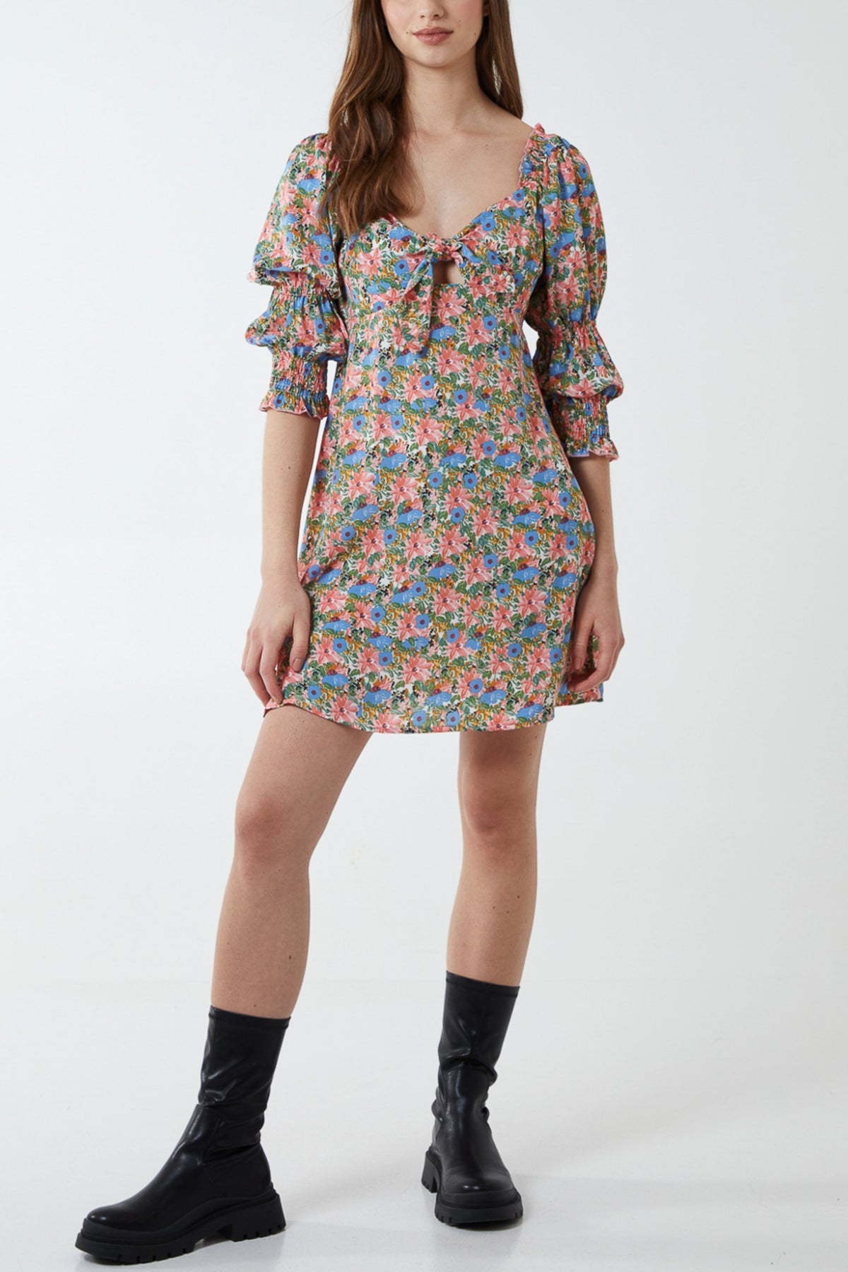 Tie Front Puff Sleeve Dress