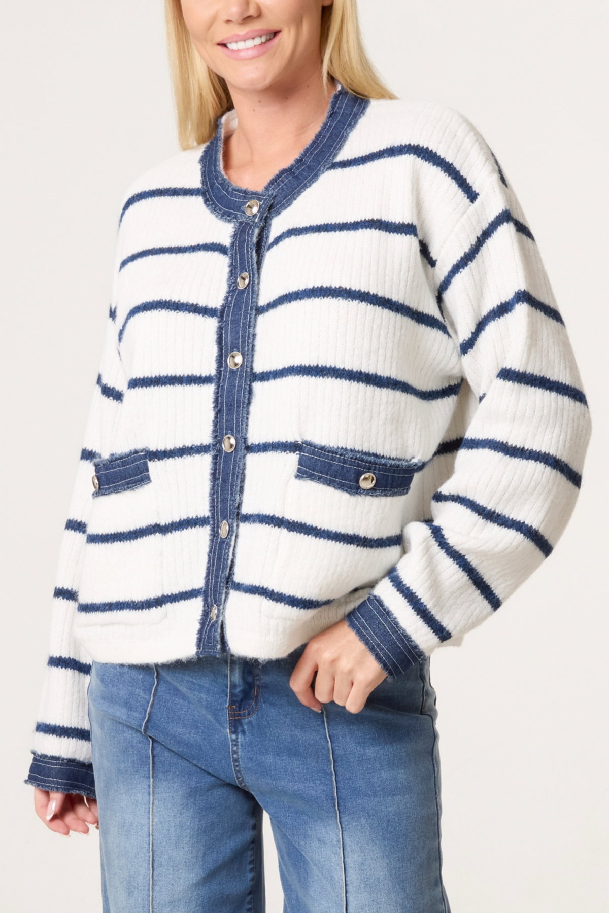 Denim Trim Striped Knit Cardigan