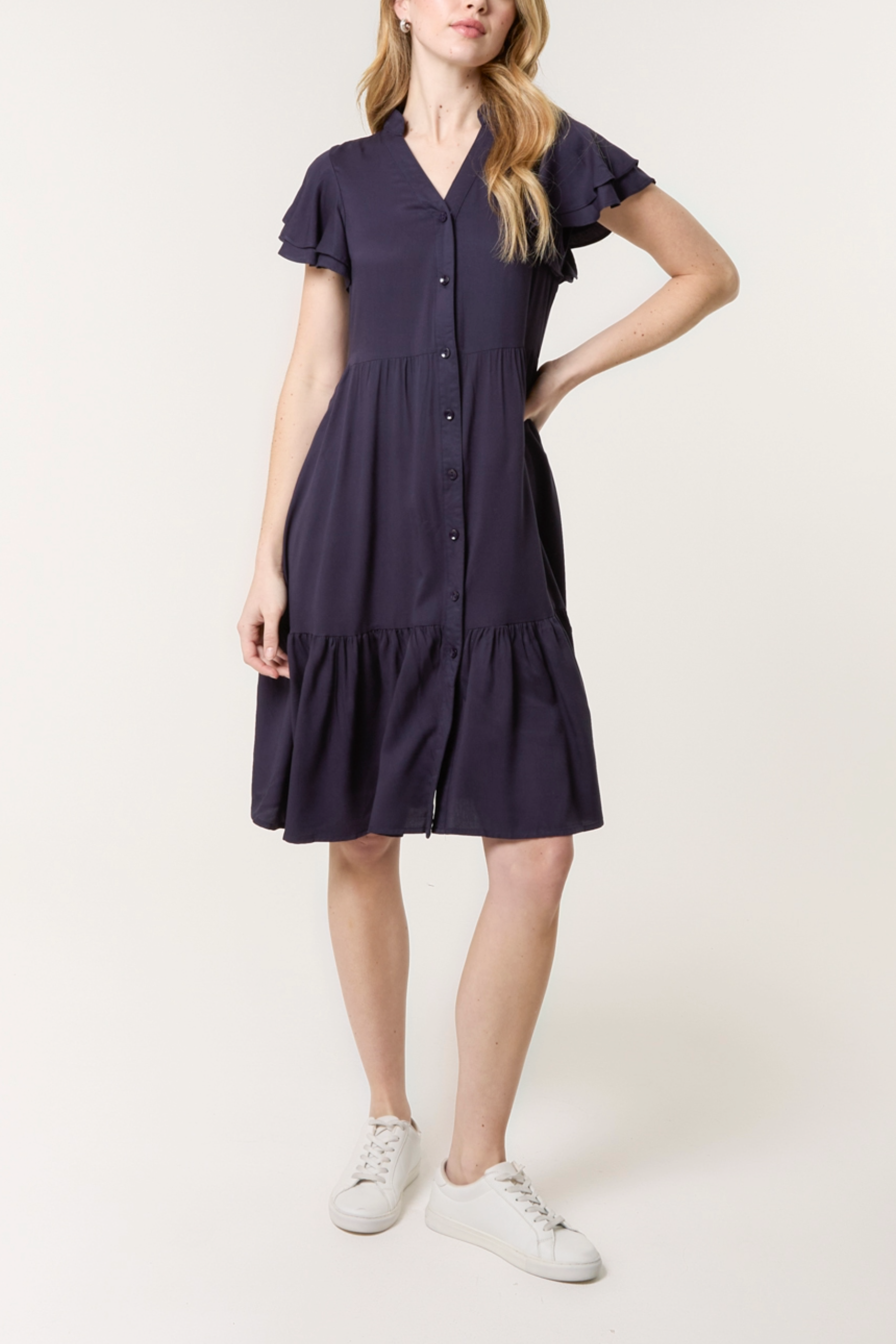 Tiered Angel Sleeve Button Dress