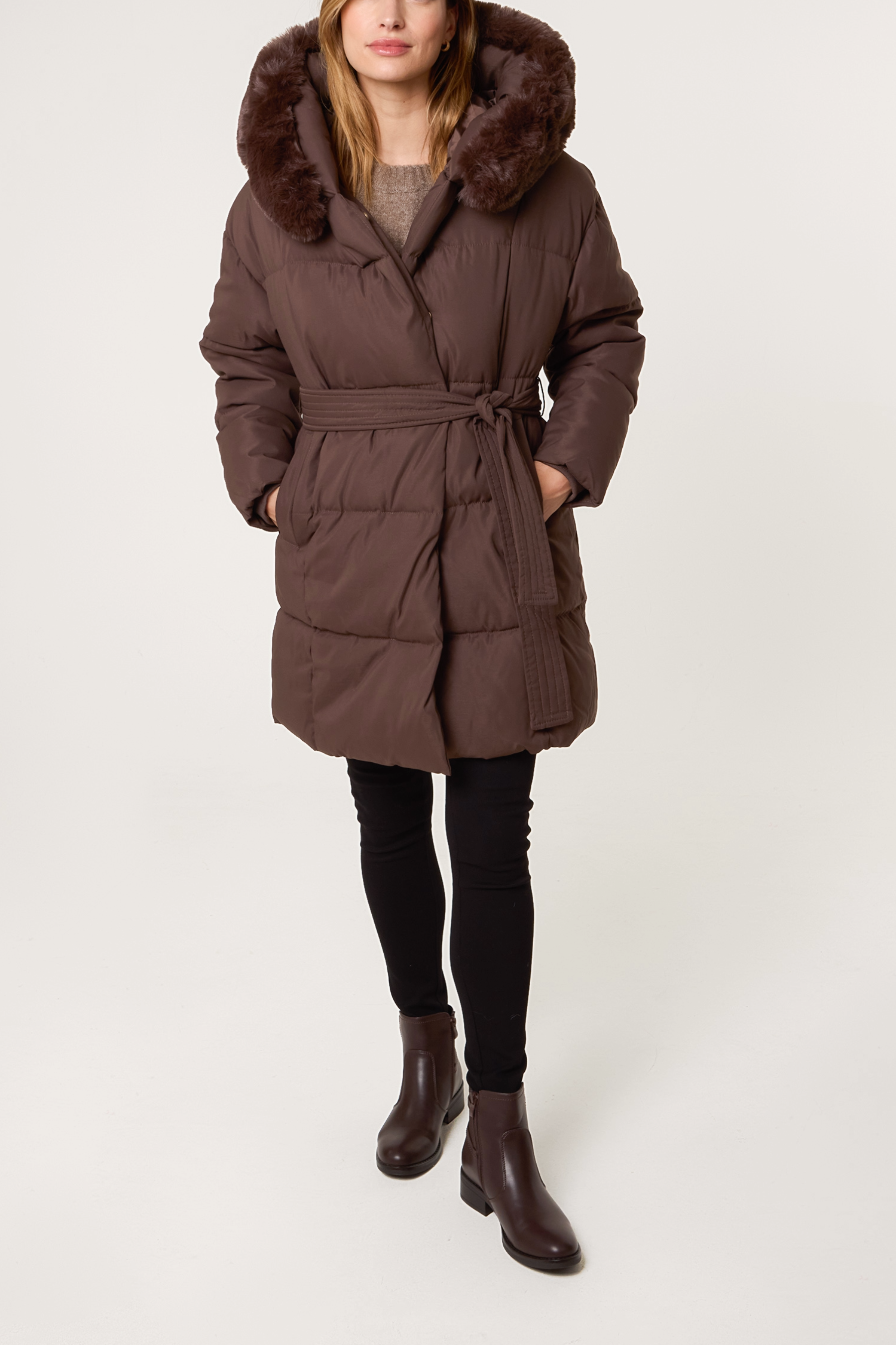 Mid-Length Puffer Fur Hood Coat