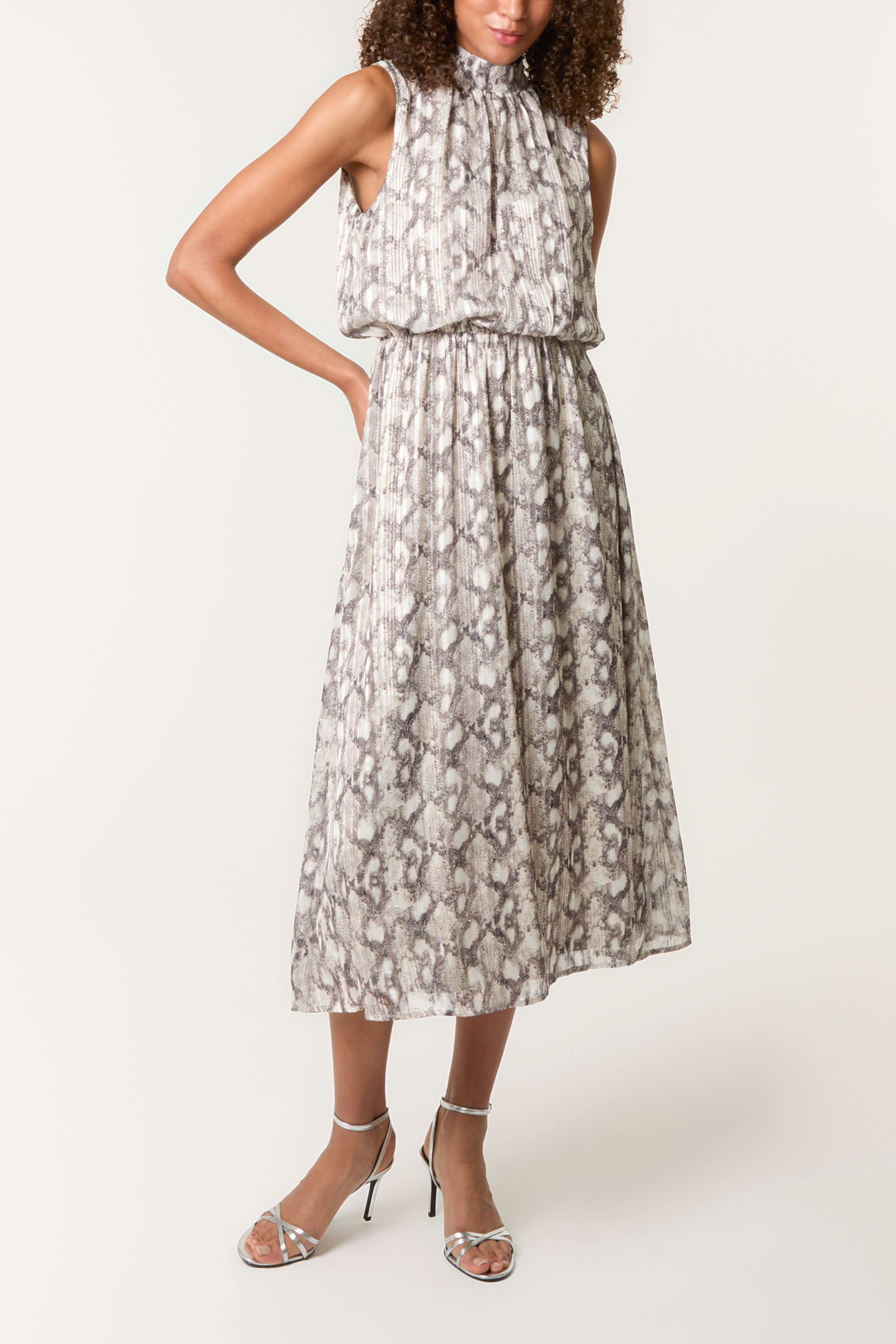 High Neck Puffball Diamante Snake Dress