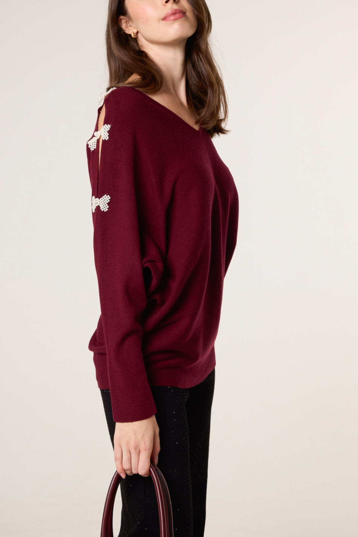 Pearl Bow Cut Out Sleeve Jumper