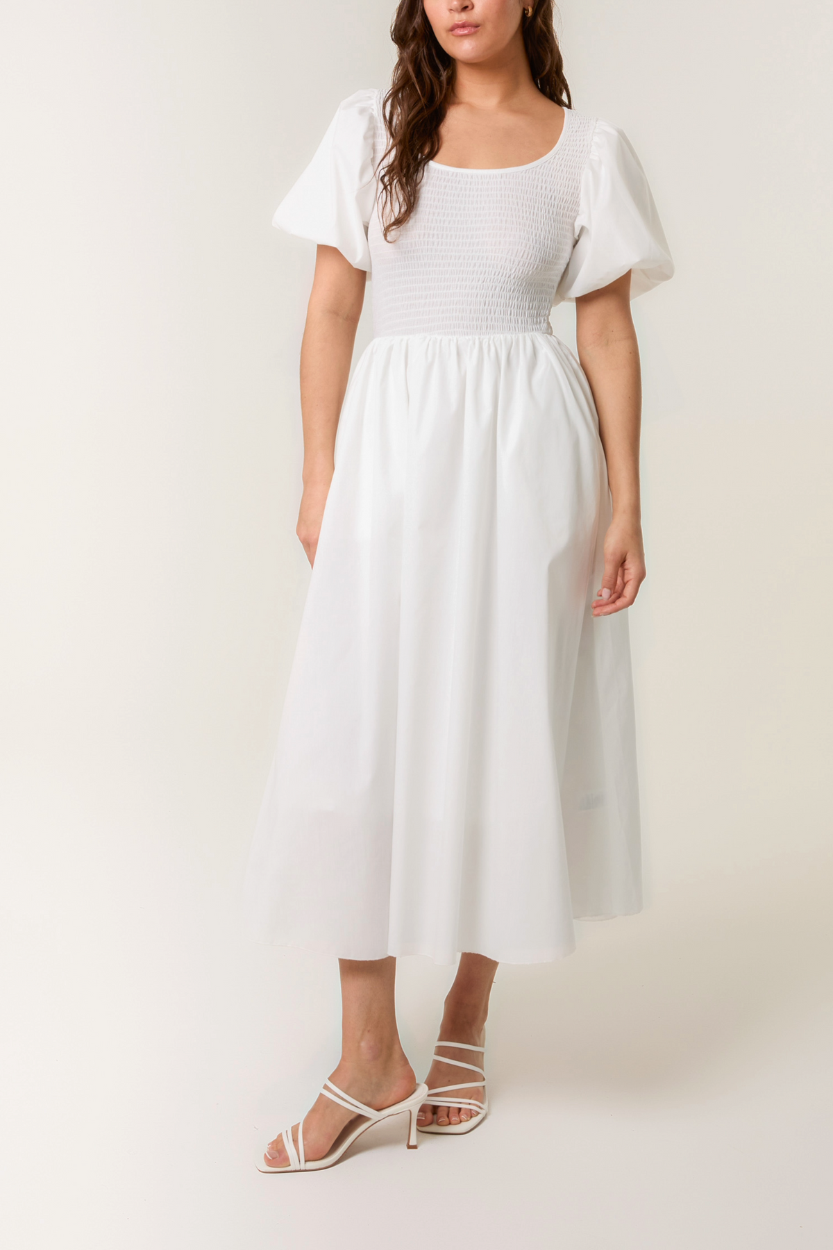 Puff Sleeve Mix Fabric Midi Dress