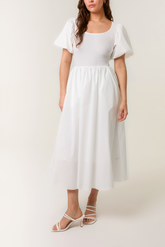 Puff Sleeve Mix Fabric Midi Dress