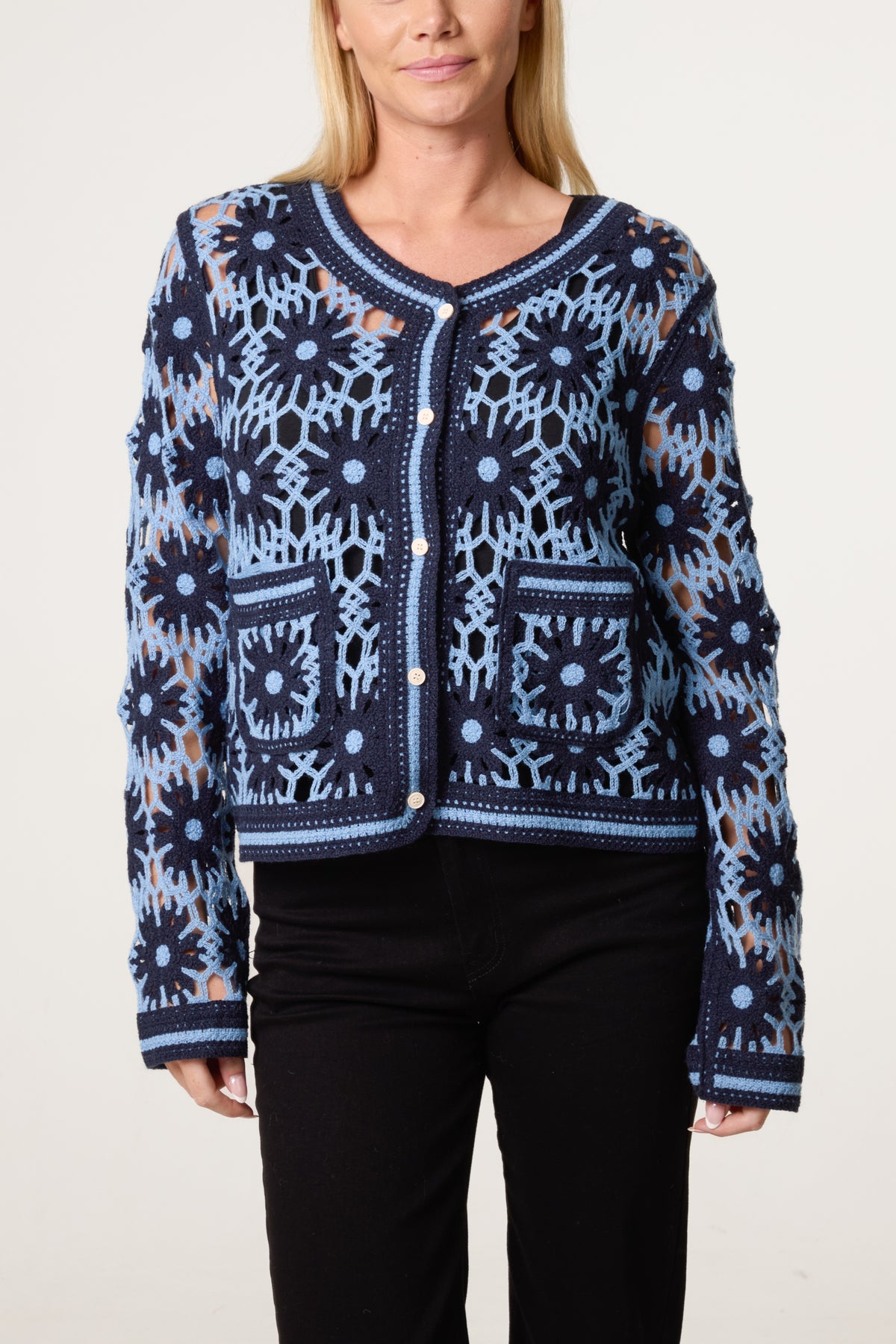 Floral Crochet Pocket Cardigan