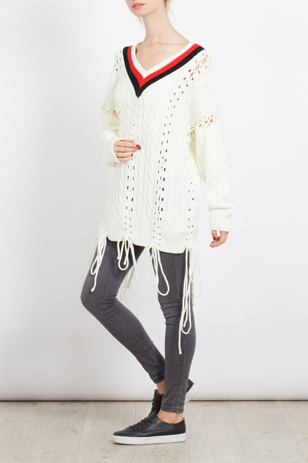 Striped V Neck Braid Detail Jumper