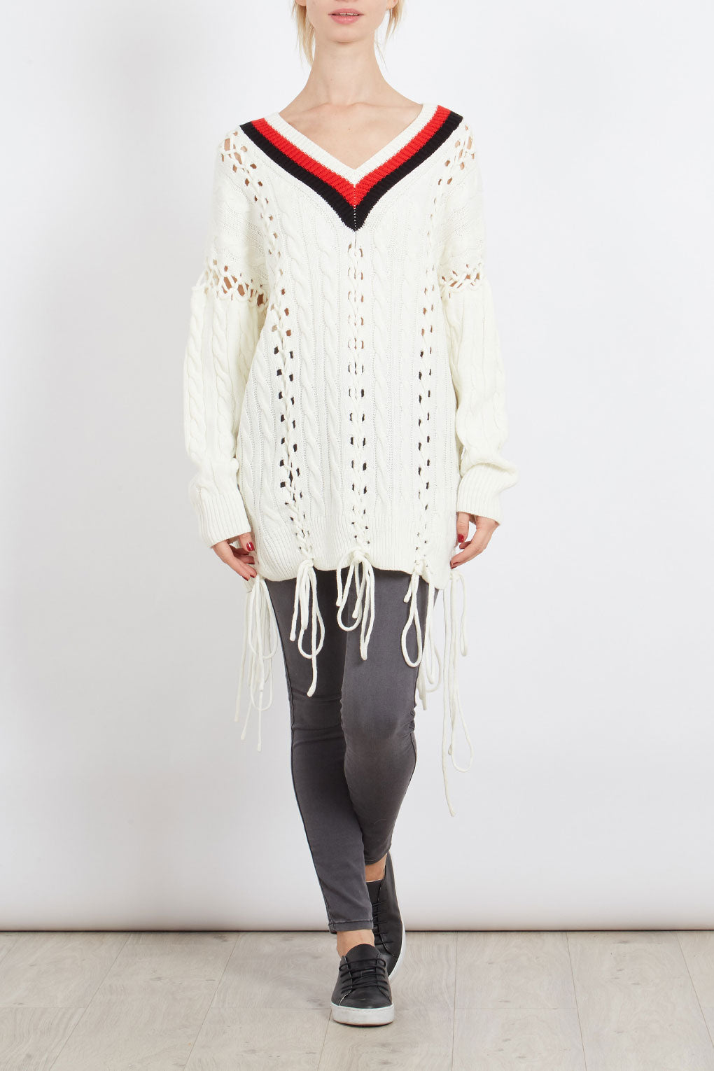 Striped V Neck Braid Detail Jumper