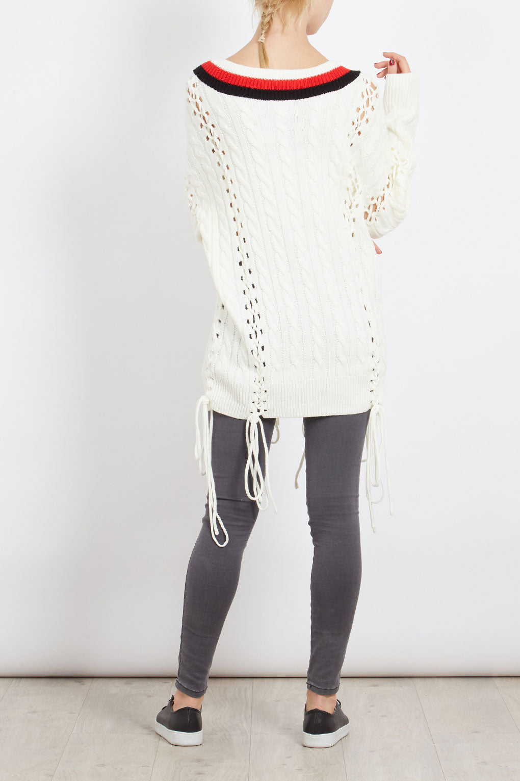 Striped V Neck Braid Detail Jumper