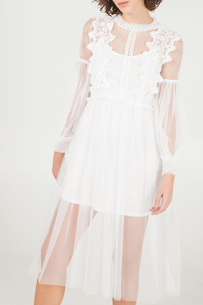 Bishop Sleeve Crochet Detail Mesh Dress