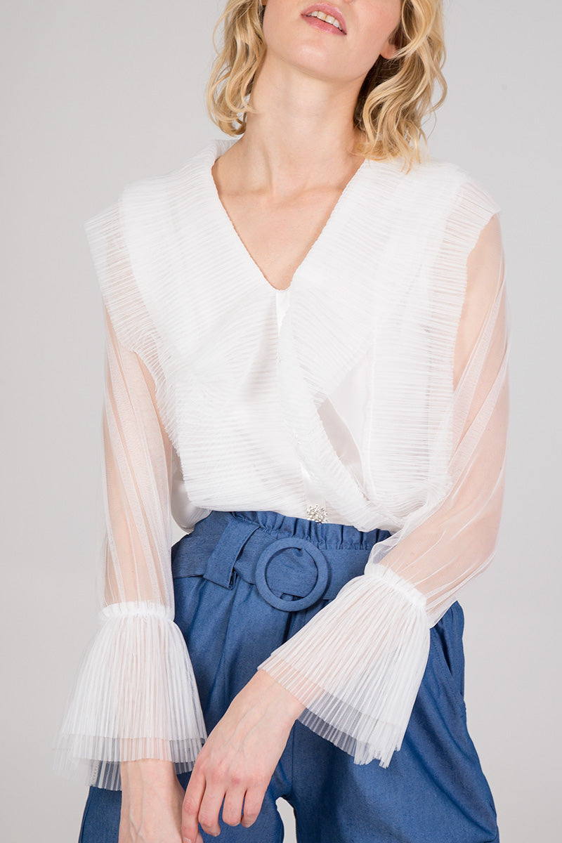 Pleated Ruffle Detail Mesh Sleeve Blouse