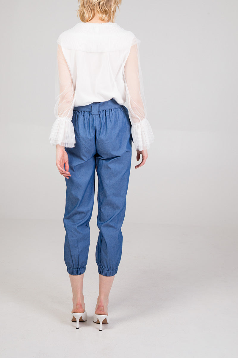 Pleated Ruffle Detail Mesh Sleeve Blouse