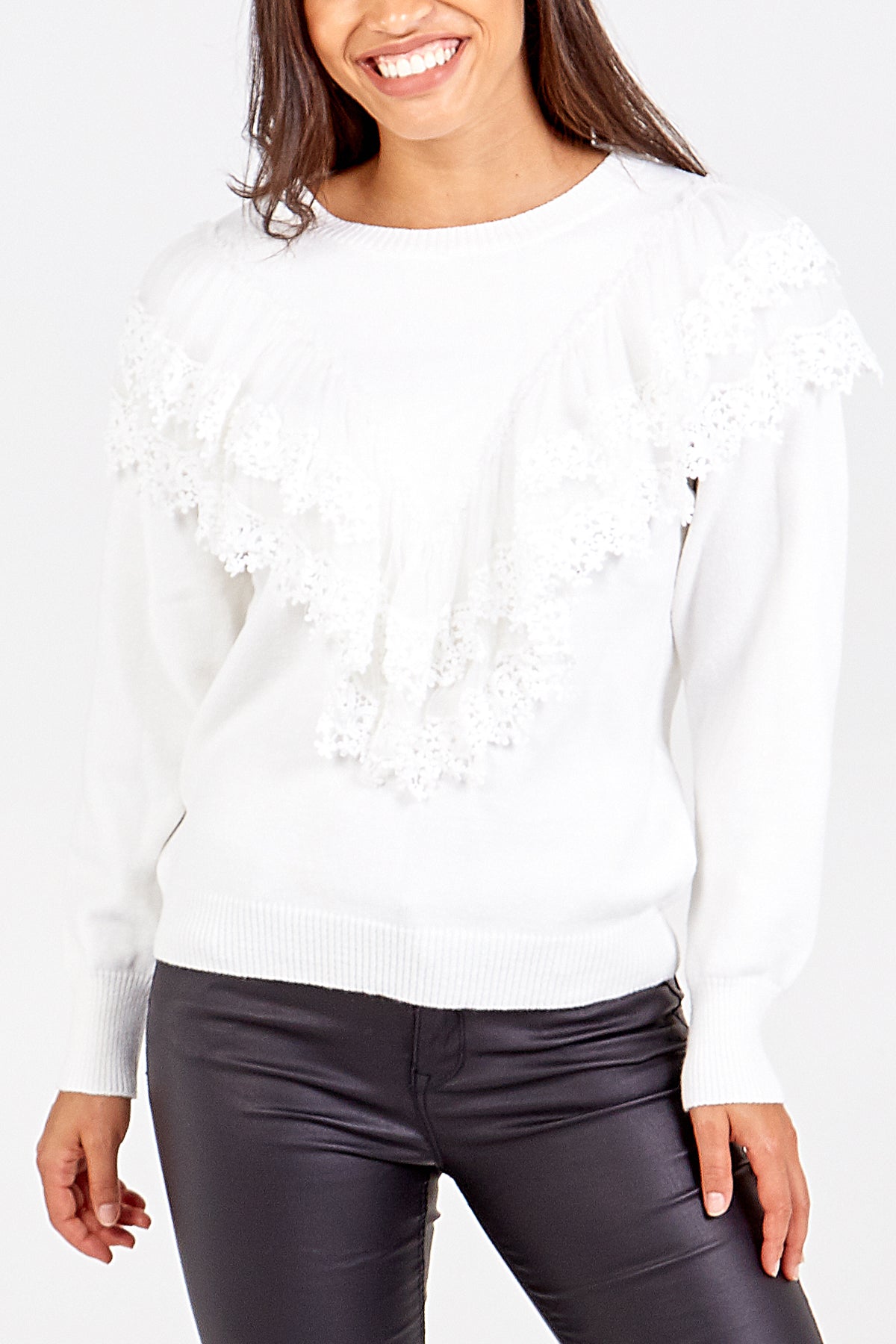 Crew Neck Lace Chevron Detail Jumper