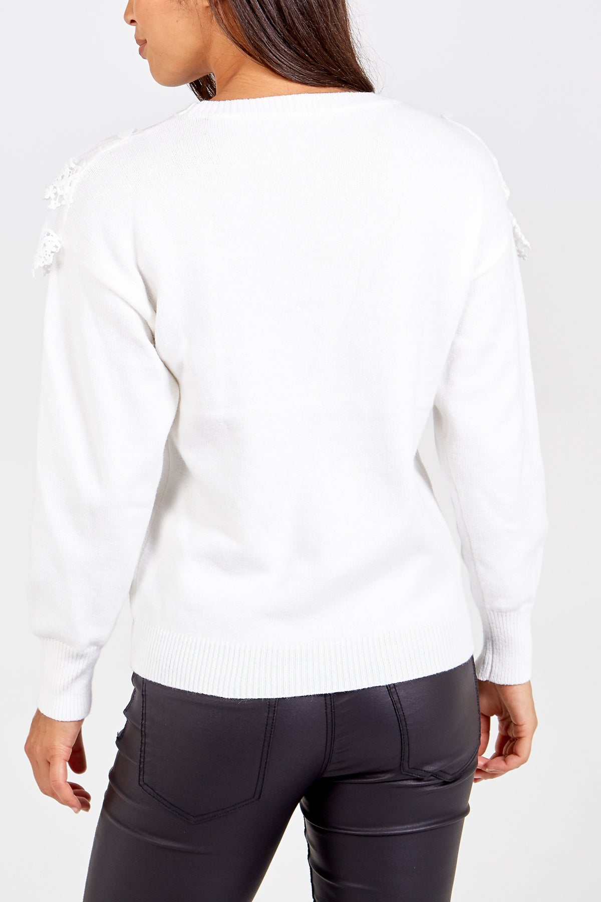 Crew Neck Lace Chevron Detail Jumper