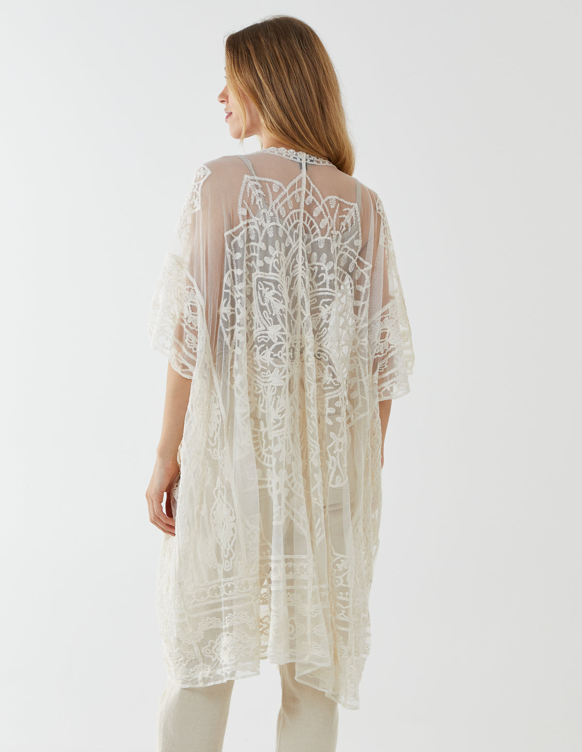 Batwing Sleeve Lace Embroidery Kimono