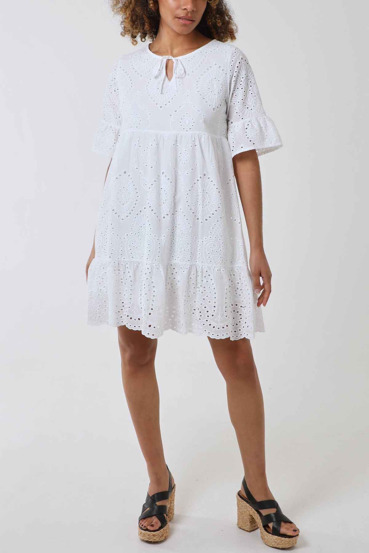 Broderie Tiered Tie Detail Dress