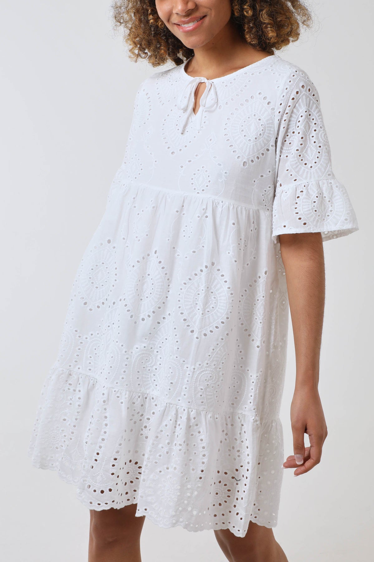Broderie Tiered Tie Detail Dress
