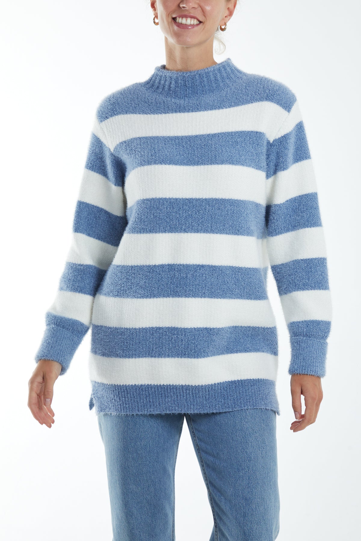 Cosy Fluffy Knit High Neck Striped Jumper