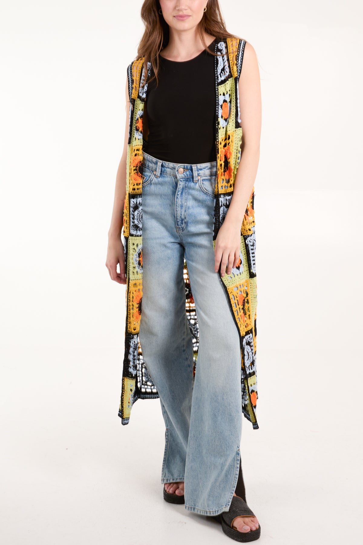 Colourful Crochet Sleeveless Longline Cardigan