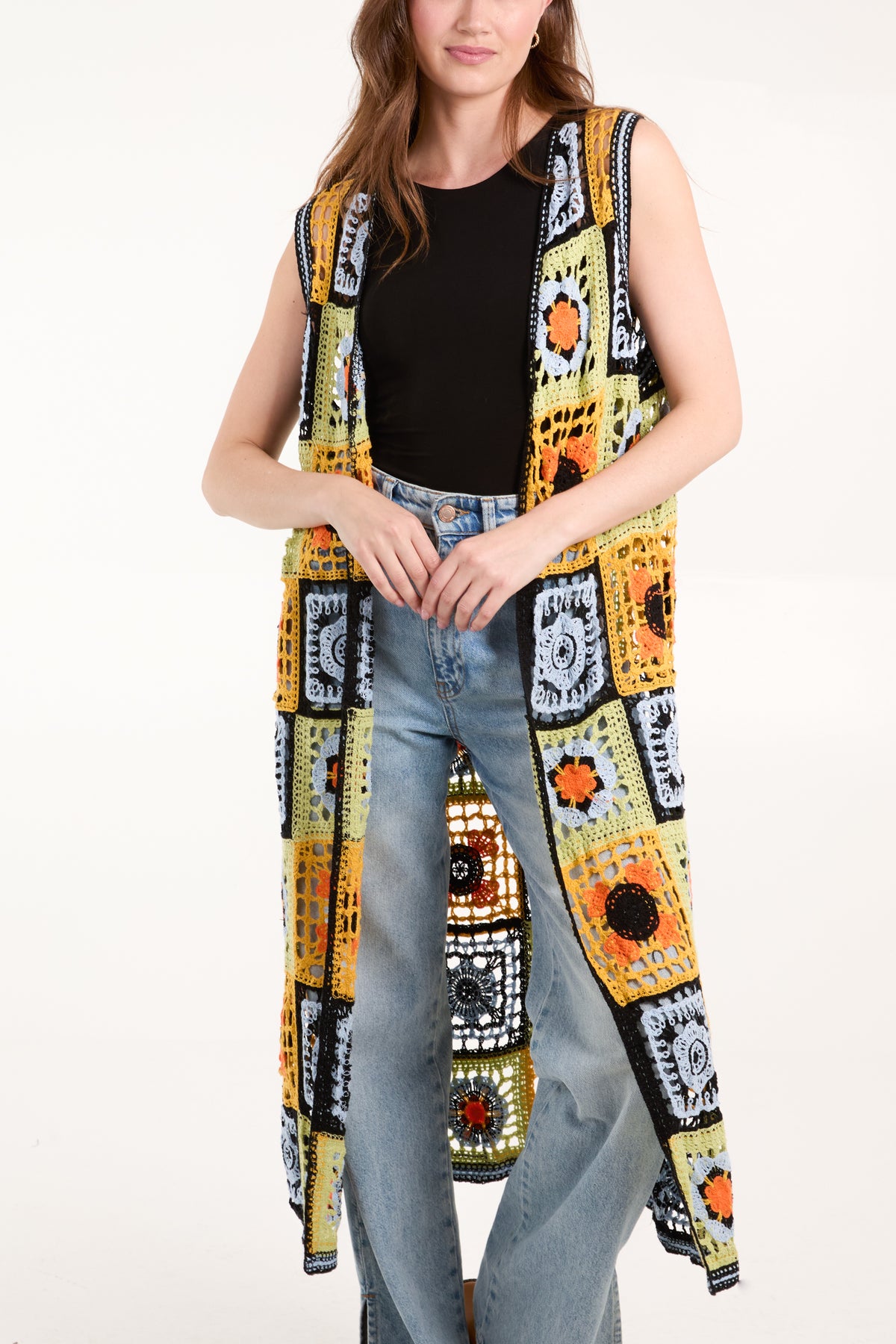Colourful Crochet Sleeveless Longline Cardigan