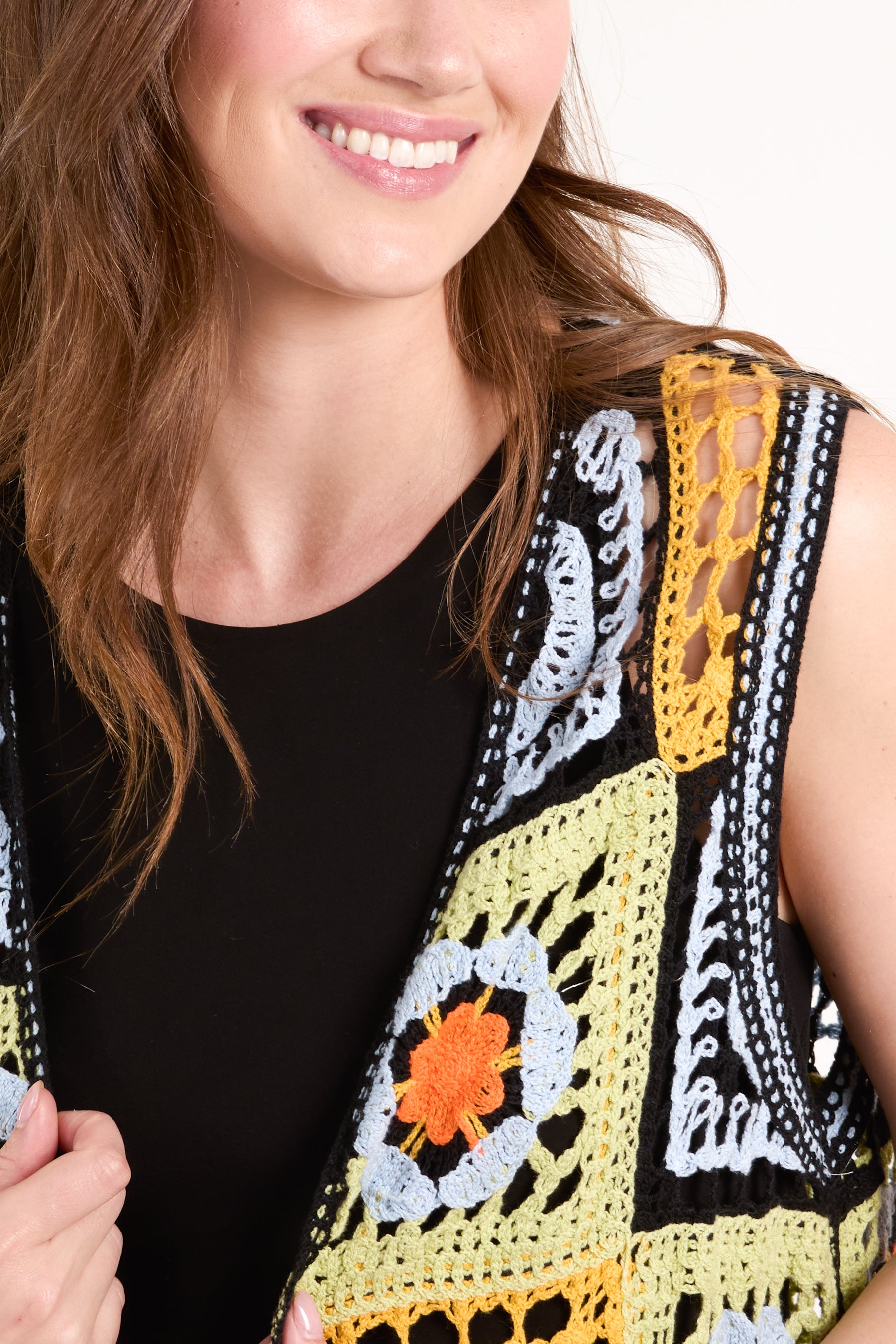 Colourful Crochet Sleeveless Longline Cardigan