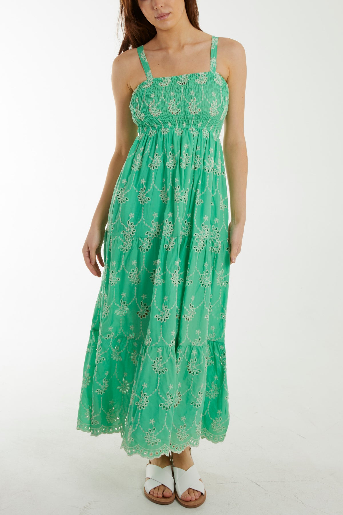 Broderie Anglaise Shirred Bust Cami Maxi Dress