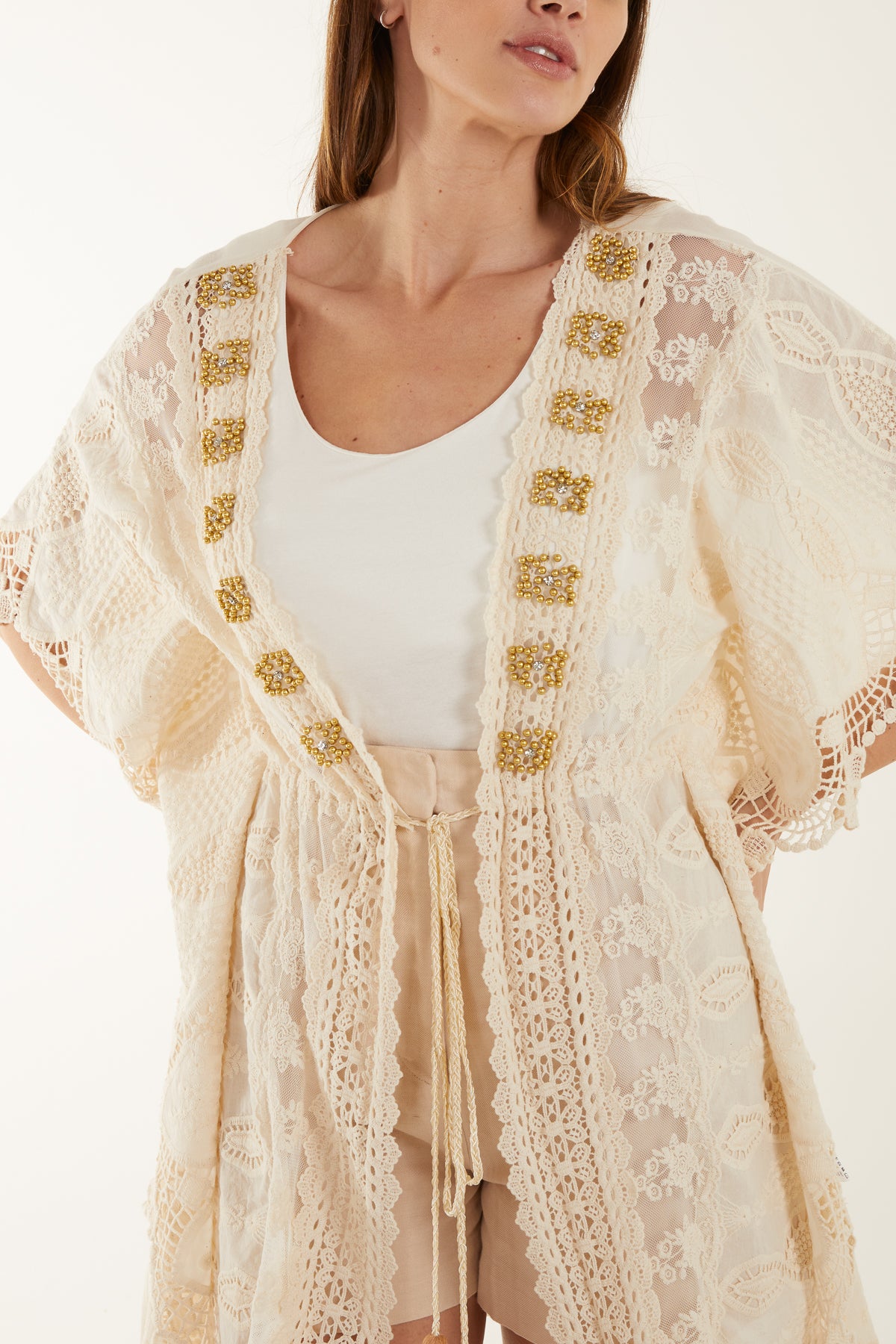 Gold Embellished Crochet Kimono