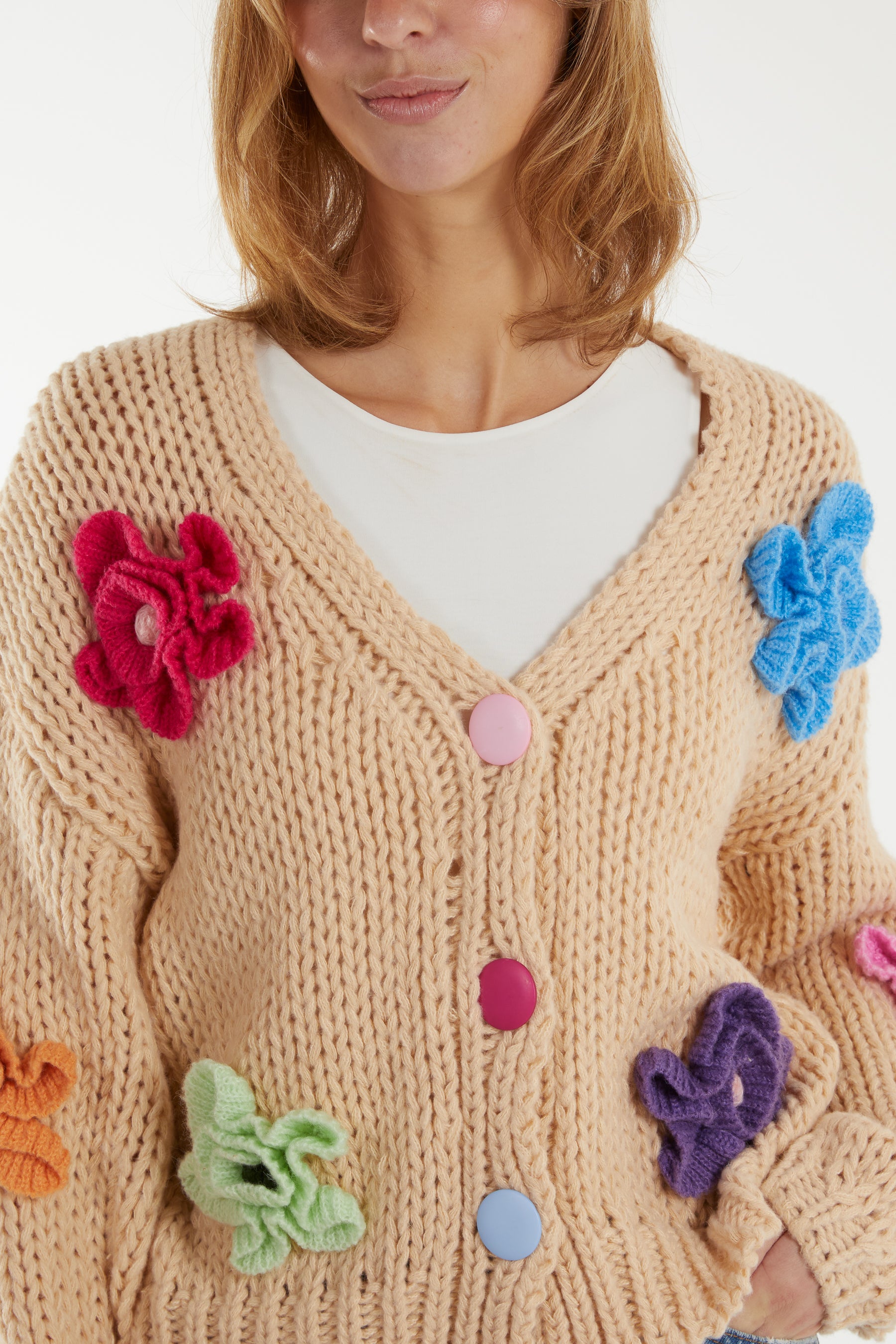 Multi Colour Button Embroidery Flower Knit Cardigan
