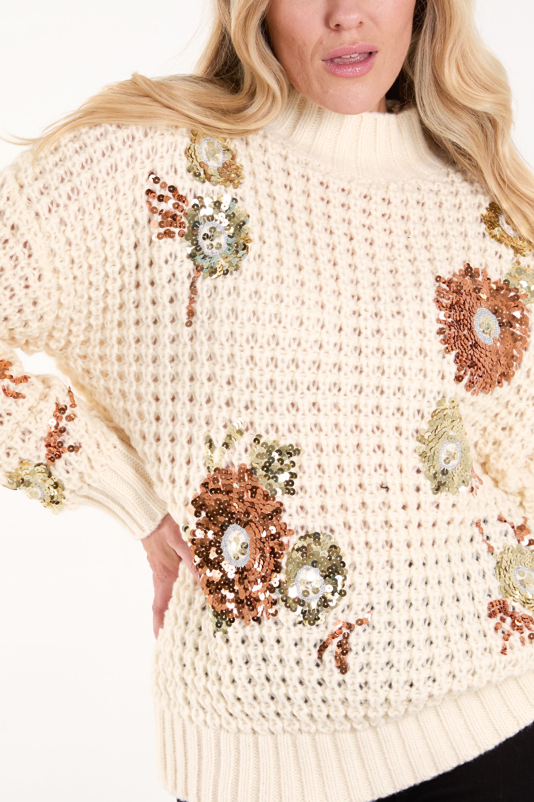 Sequin Flower Chunky Knit Jumper