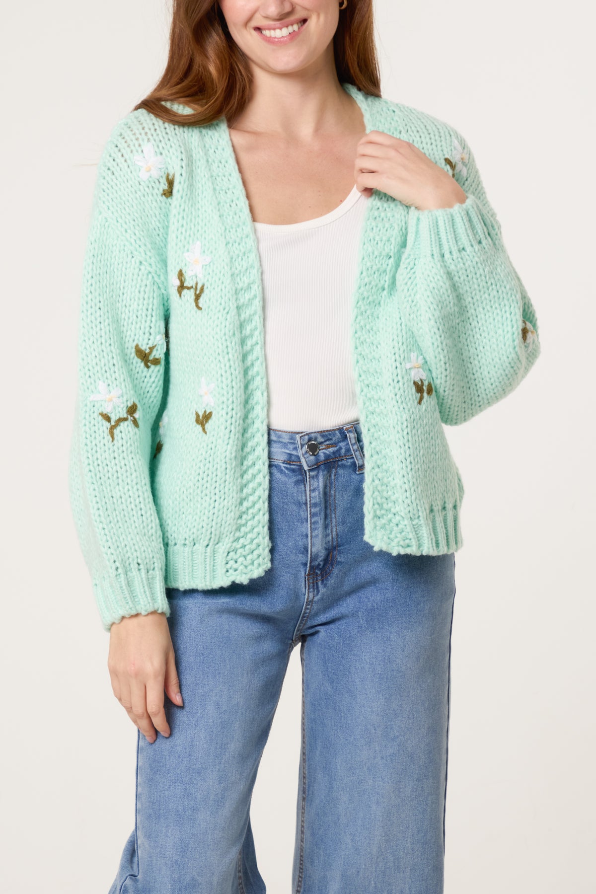 Chunky Knit Flower Embroidered Cardigan