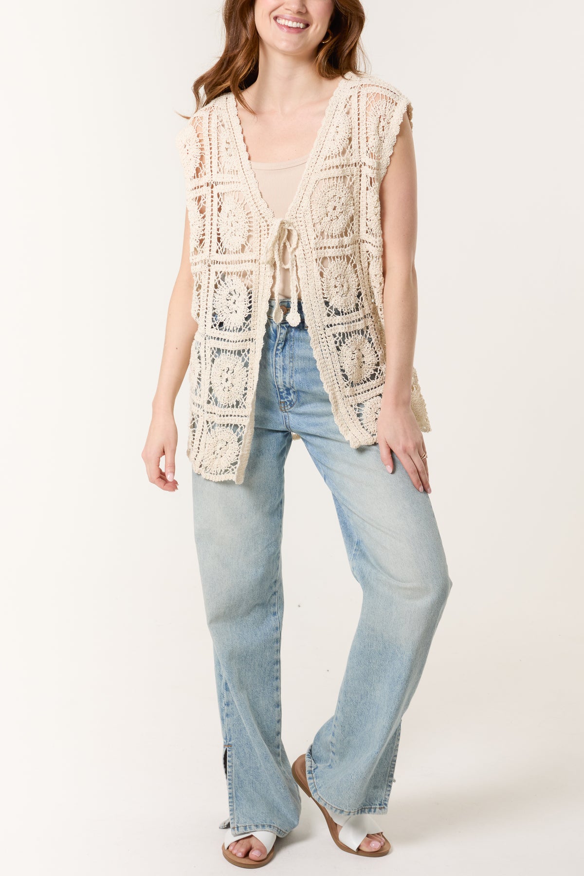 Crochet Square Pattern Tie-Front Vest