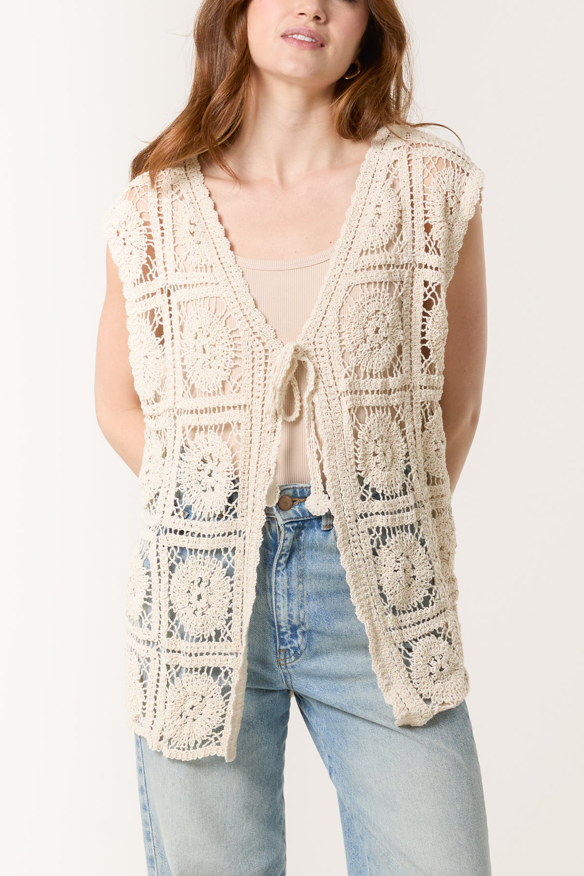 Crochet Square Pattern Tie-Front Vest