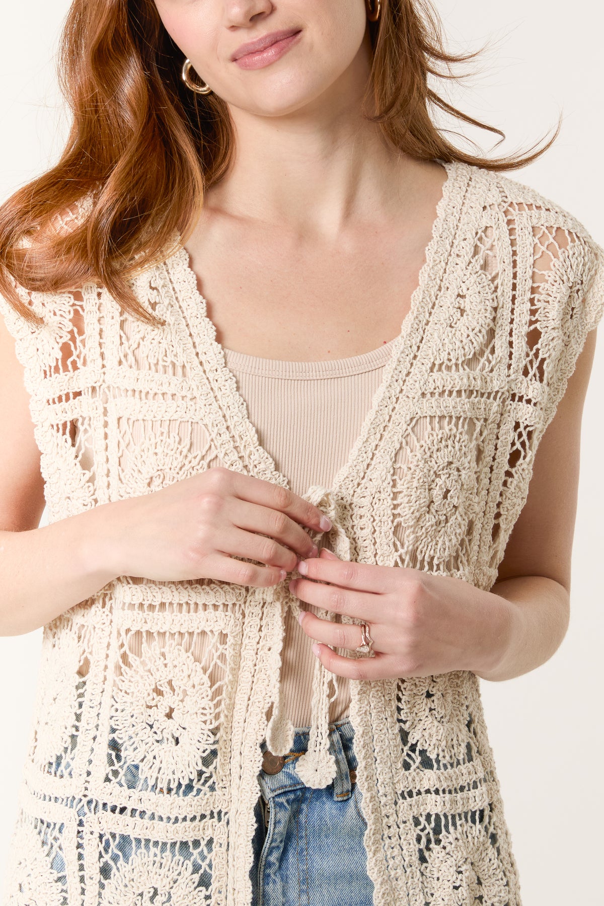 Crochet Square Pattern Tie-Front Vest