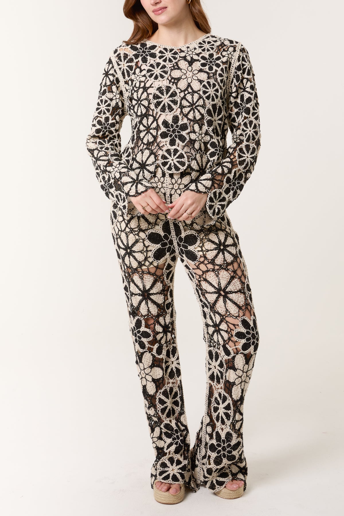 Crochet Flower Monochrome Long Sleeve Top