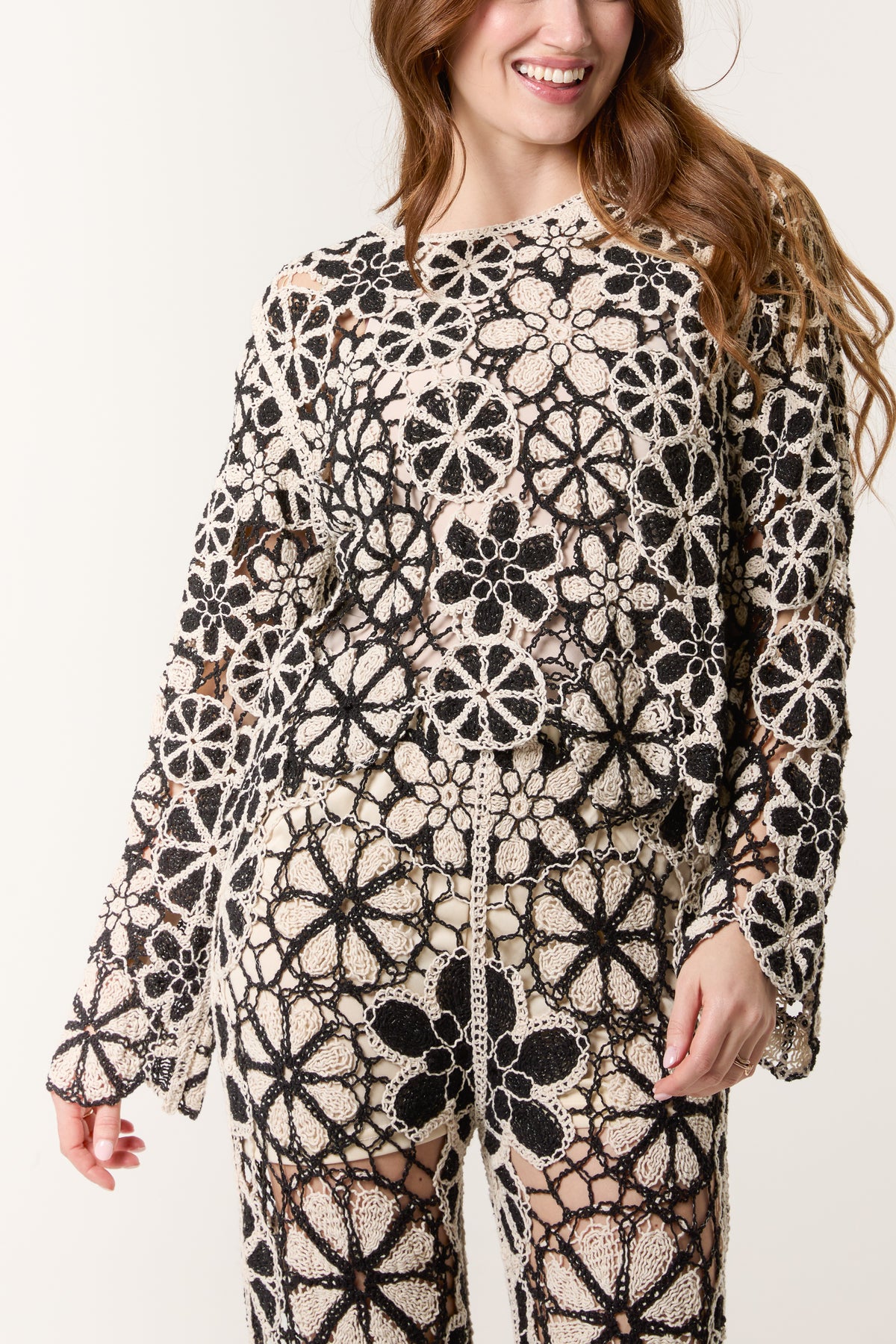 Crochet Flower Monochrome Long Sleeve Top