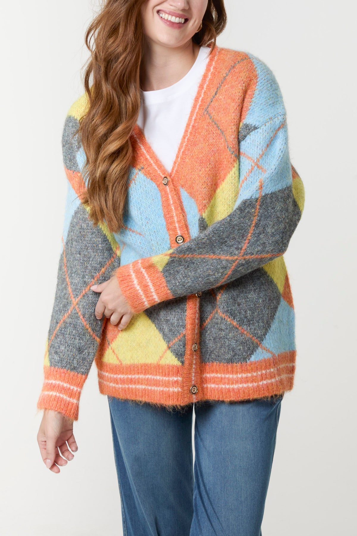 Colour Block Argyle Knit Cardigan