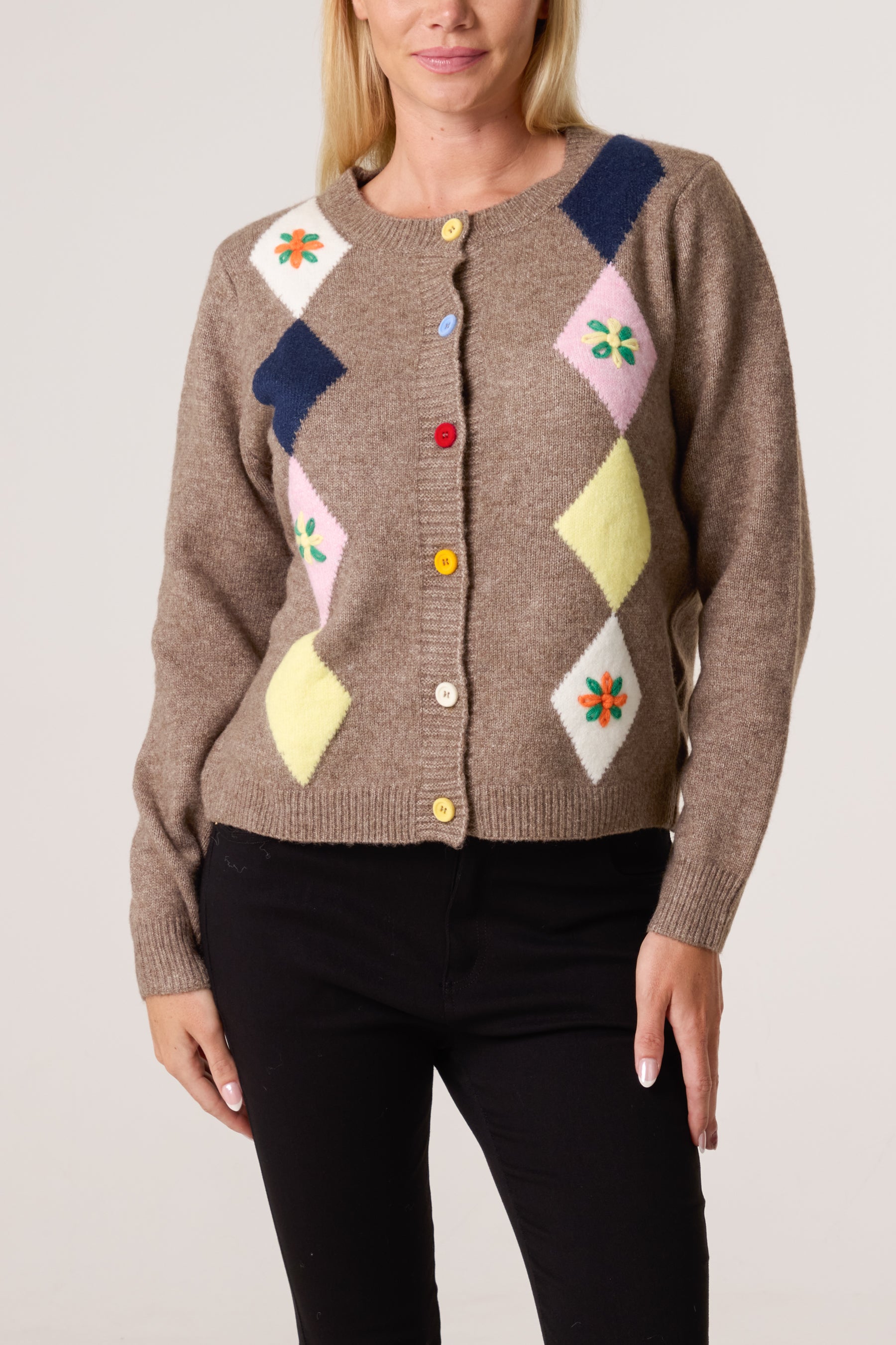Colourful Embroidered Argyle Cardigan
