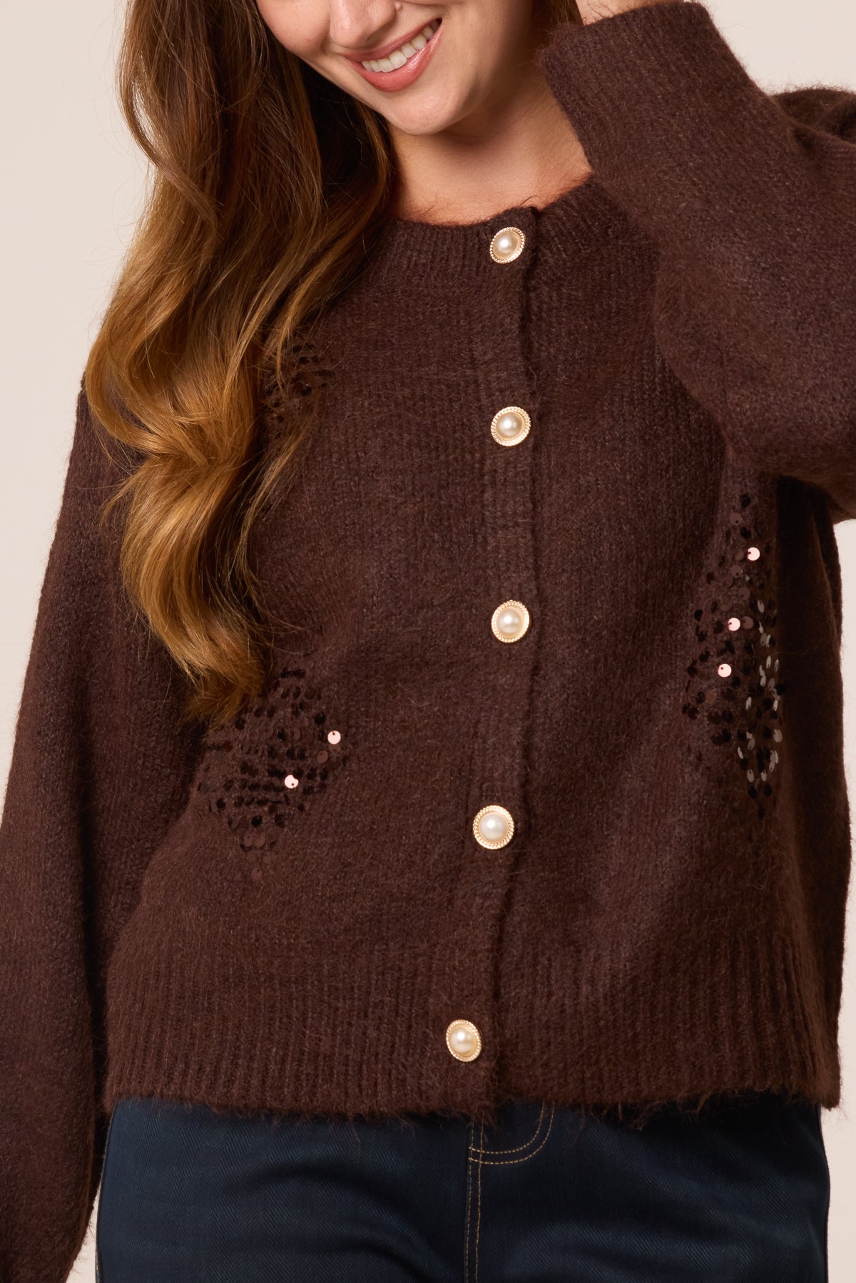 Sequin Diamond Pearl Button Cardigan