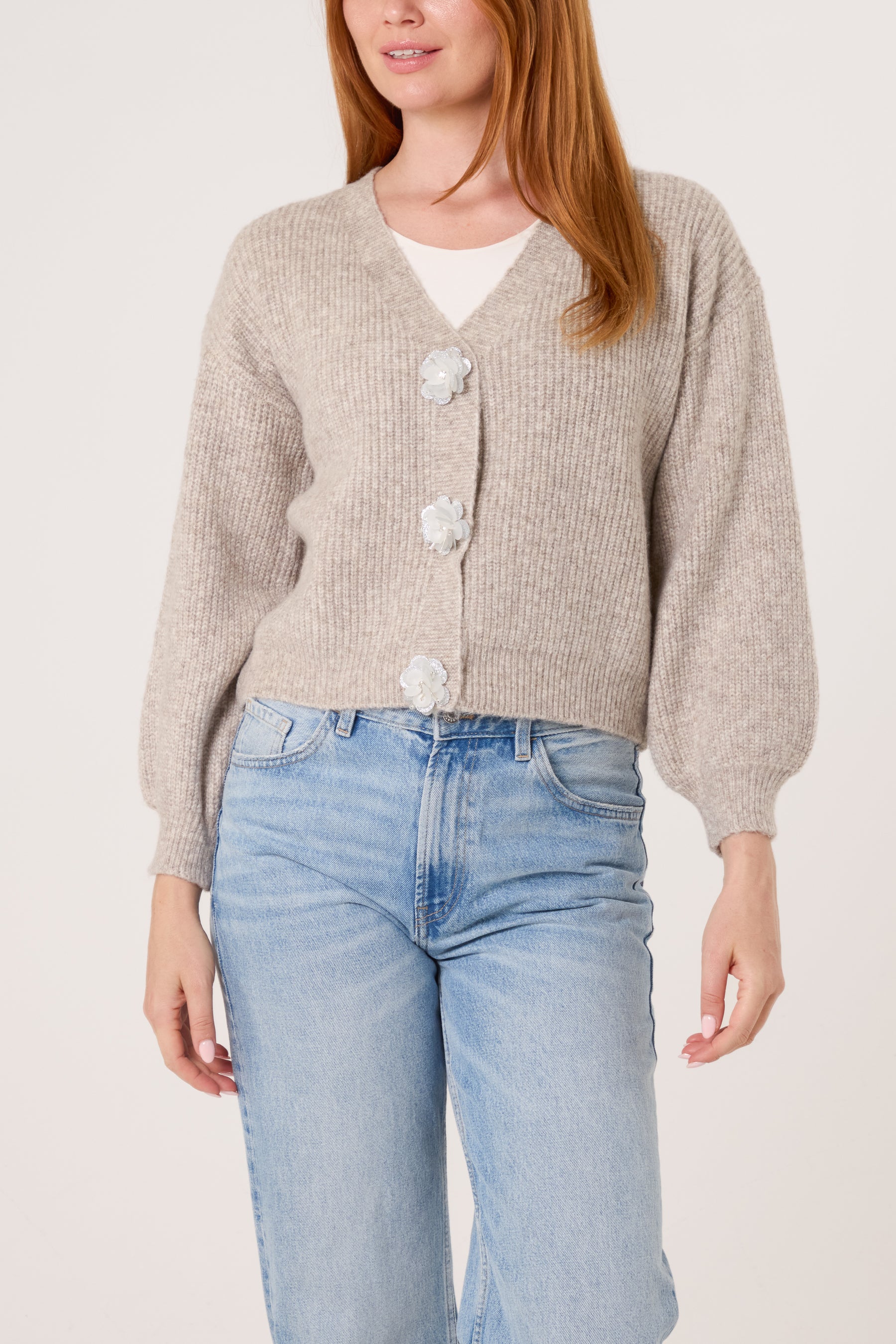 Silver Sparkle Flower Button Cardigan