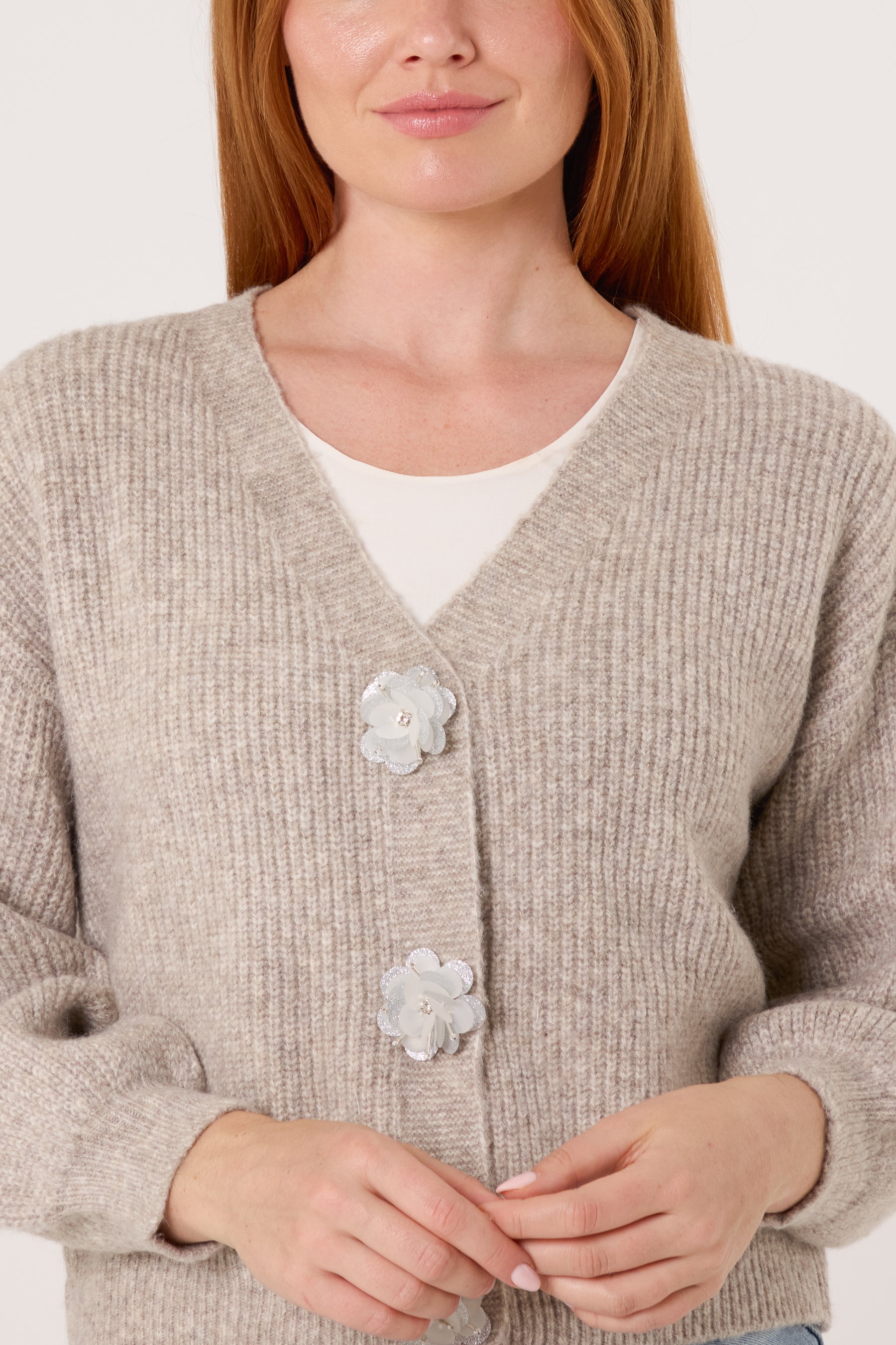 Silver Sparkle Flower Button Cardigan