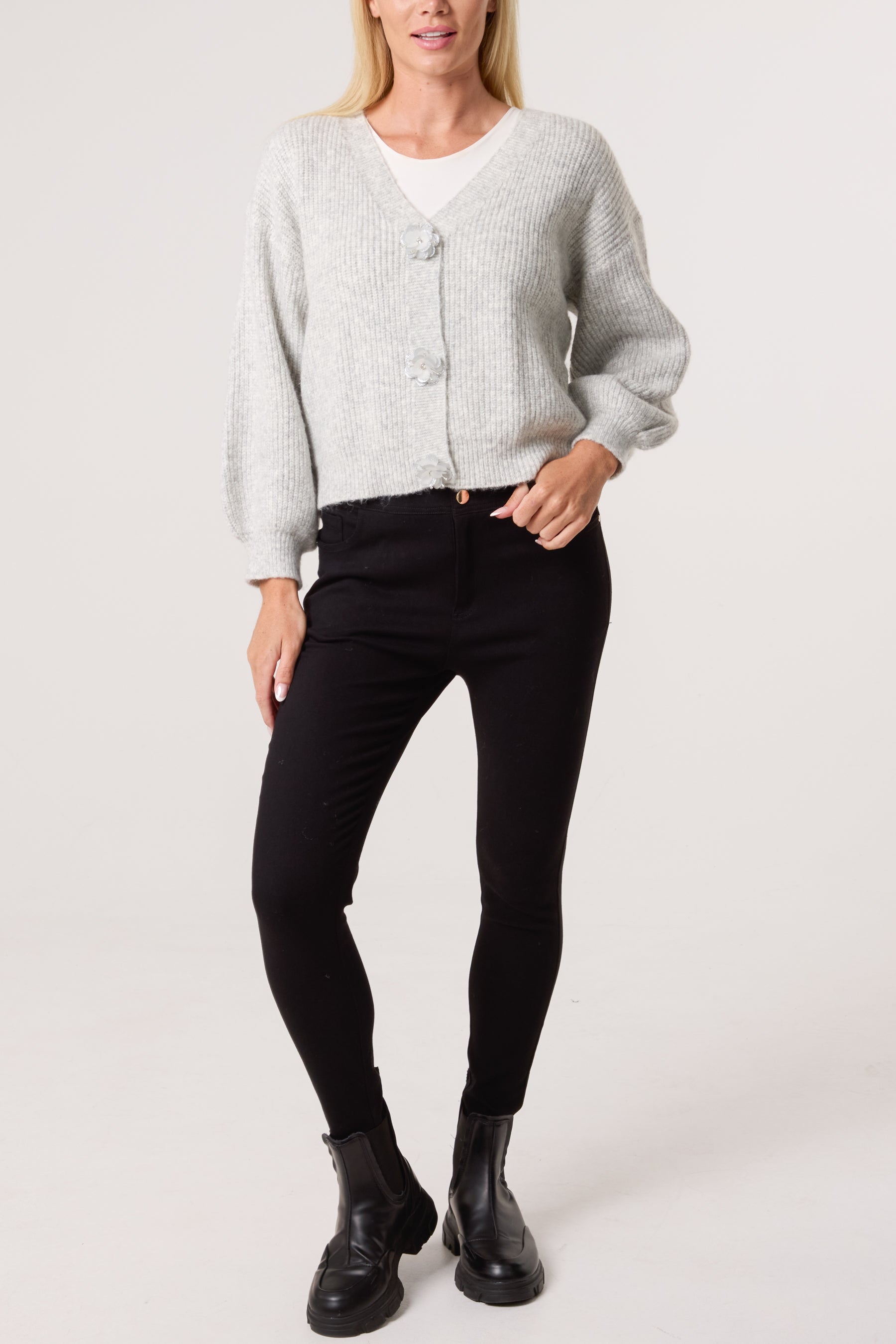 Silver Sparkle Flower Button Cardigan