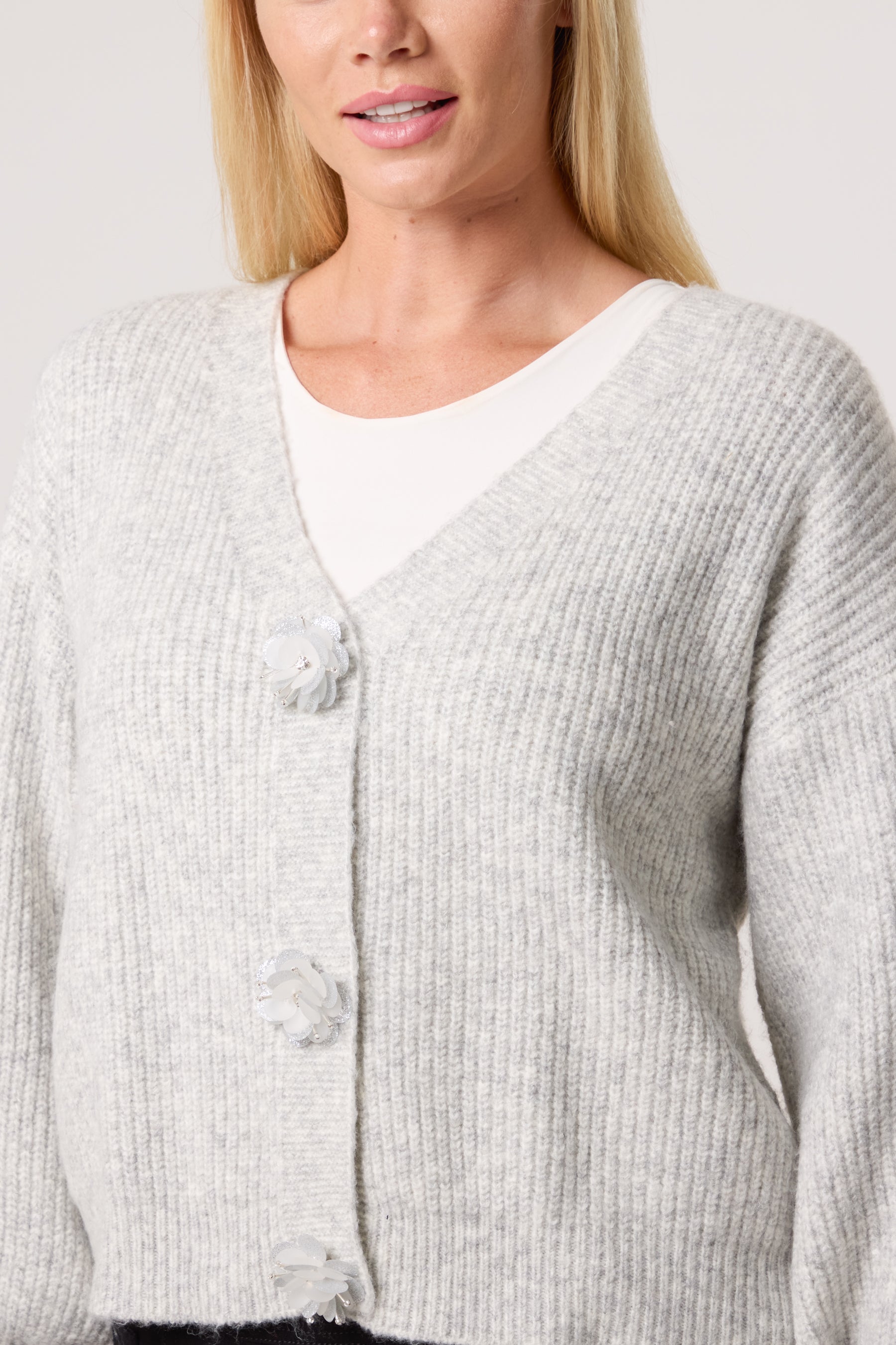 Silver Sparkle Flower Button Cardigan