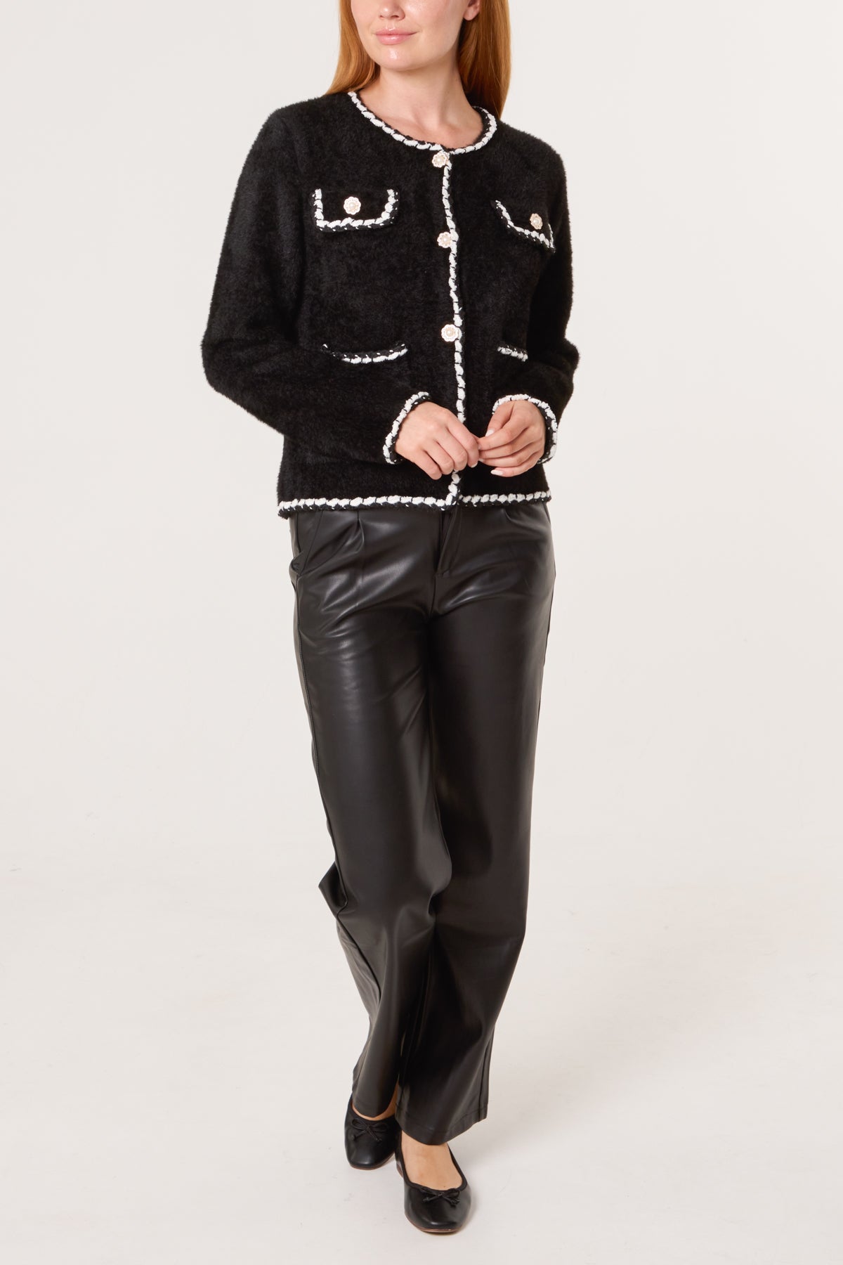 Fluffy Knit Contrast Rope Trim Cardigan