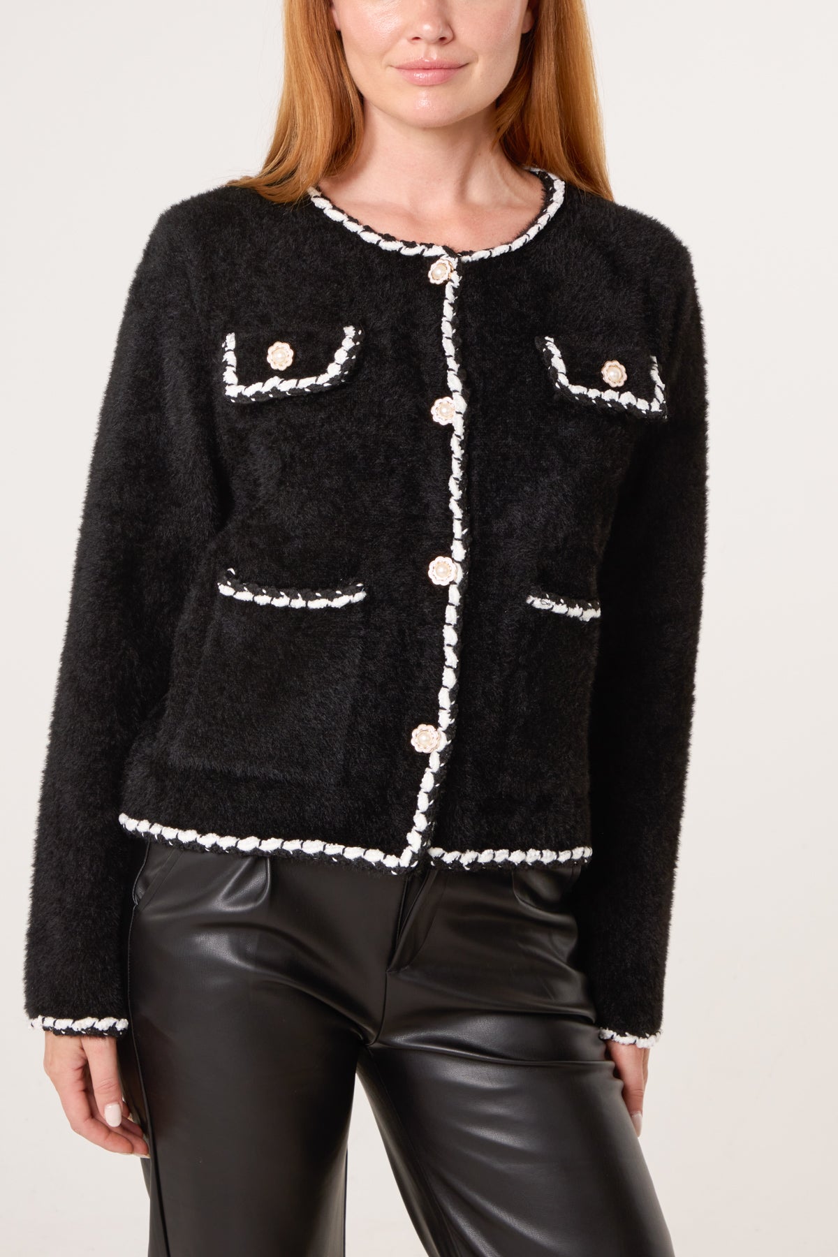 Fluffy Knit Contrast Rope Trim Cardigan